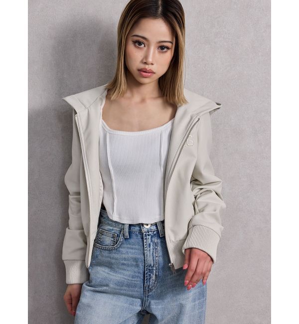 GYDA「フーディーフェイクレザーコート」|ブルゾン・スタジャン|