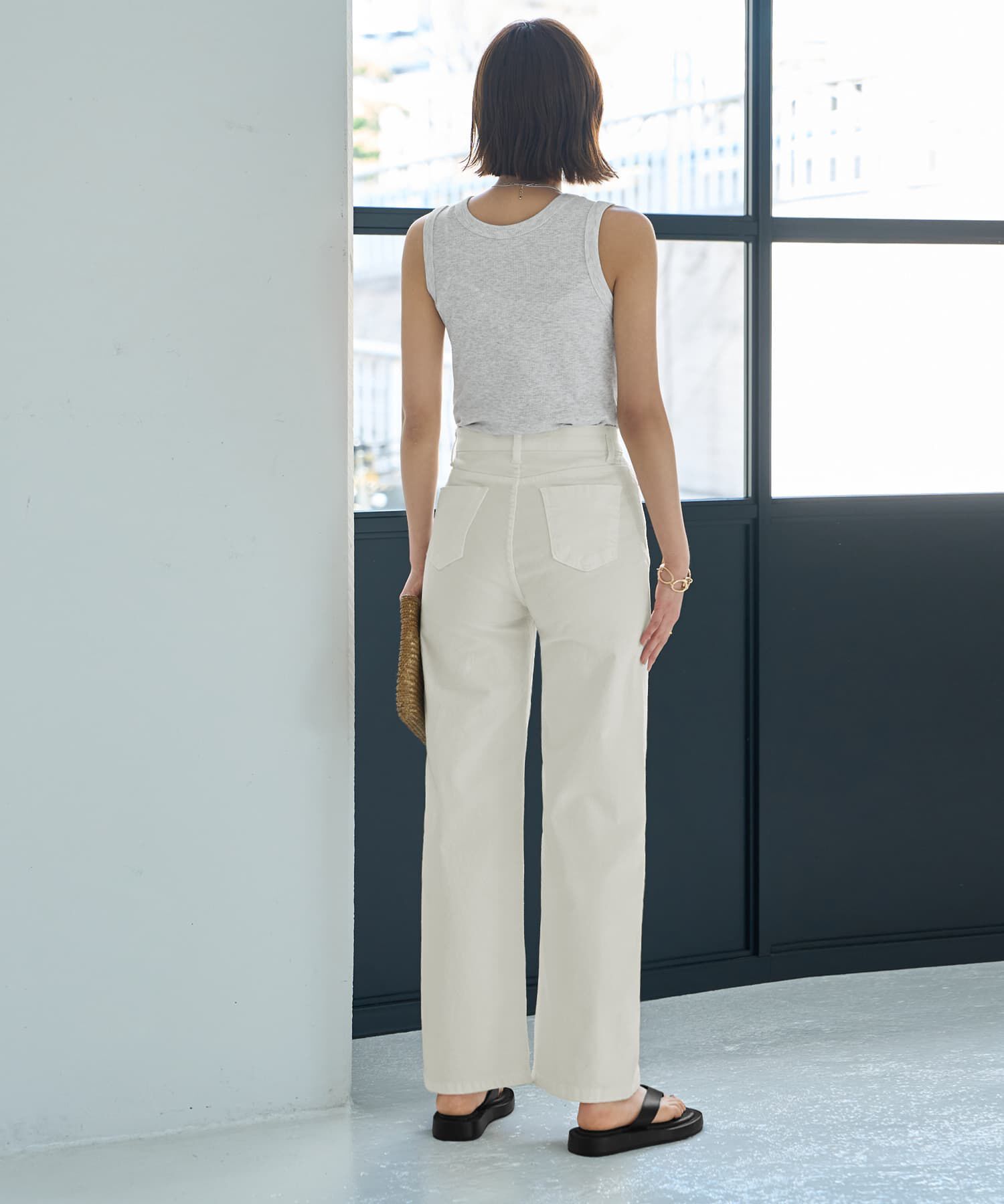 STYLE DELI「ウエストにゴム内蔵のストレッチコットンストレートパンツ」|チノ|