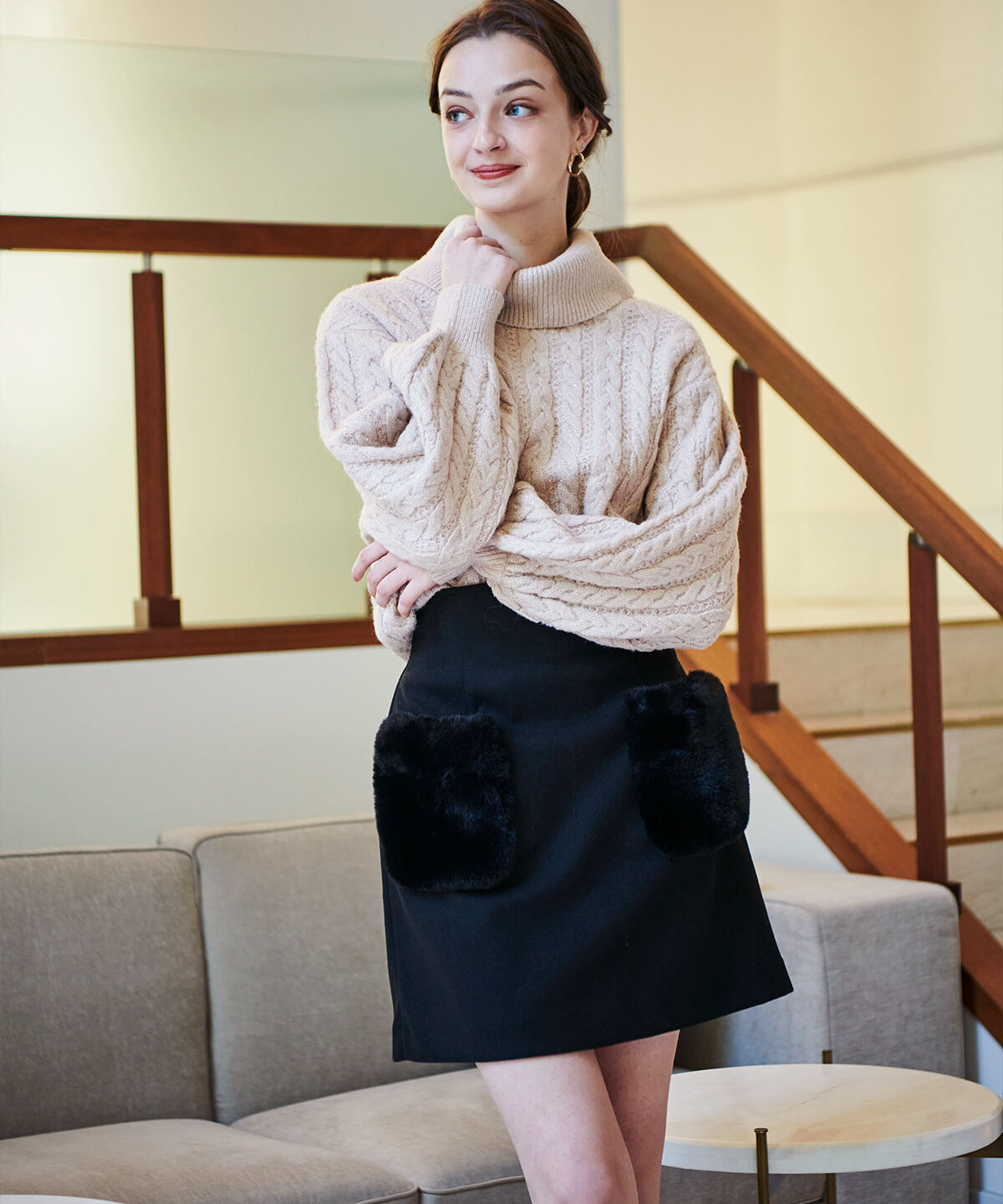 アンドクチュール「ウールライクポケファーミニスカート」|台形|