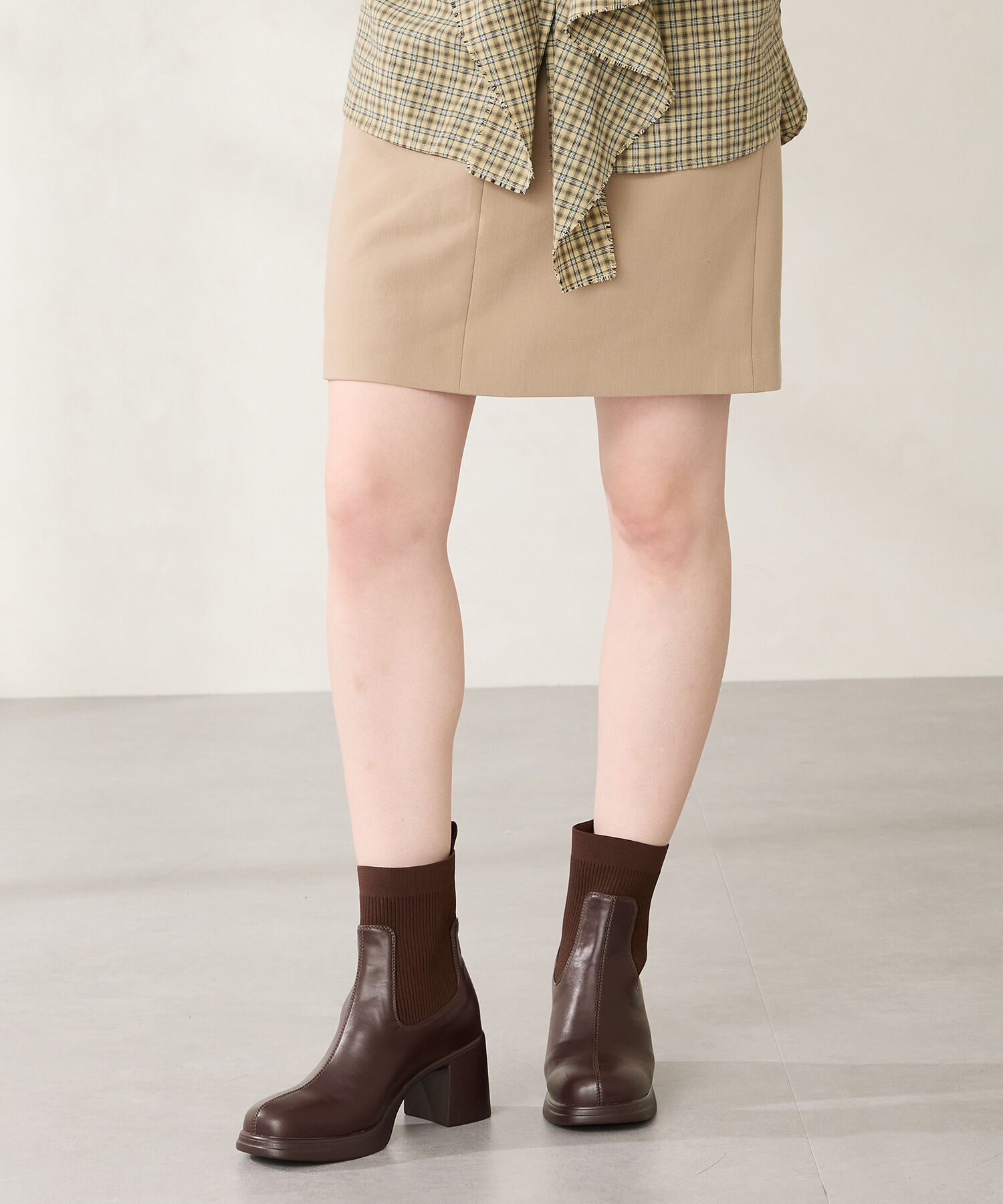 ORiental TRaffic「●2025秋冬新作●ニットドッキングヒールショートブーツ/51407」|ショートブーツ|BROWN