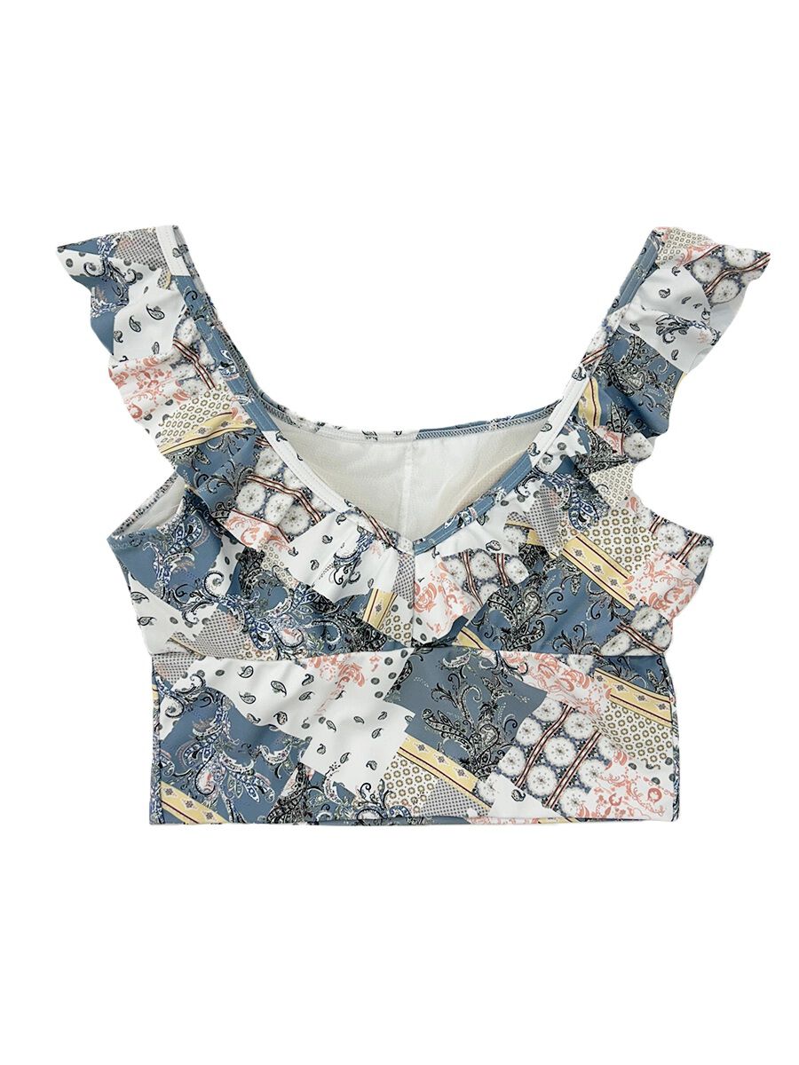 ALBOVE「エスニックパッチワーク柄フリルショルダーブラ」|ビキニトップス|