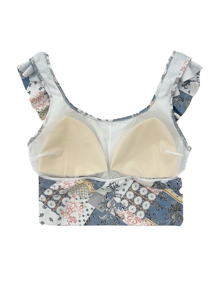 ALBOVE「エスニックパッチワーク柄フリルショルダーブラ」|ビキニトップス|