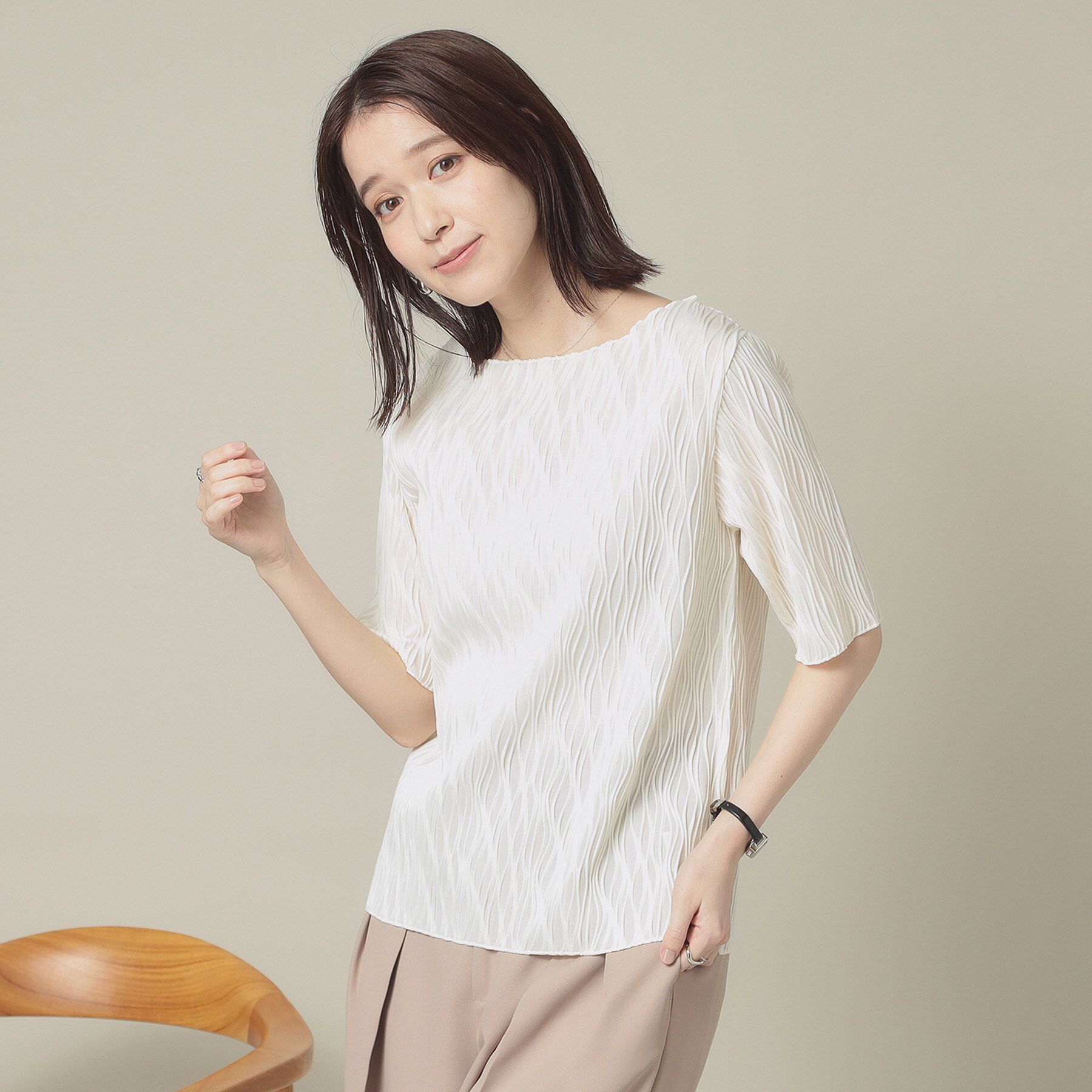 ITS&rsquo;DEMO「【洗濯機OK】ジャカード5分袖プルオーバー」|Tシャツ・カットソー|オフホワイト(003