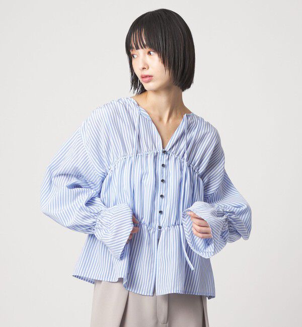 EMMEL REFINES「＜EMMEL REFINES＞EM ストライプ ギャザー ブラウス」|シャツ・ブラウス|