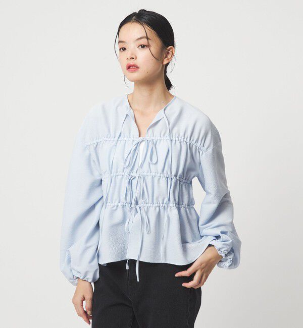 EMMEL REFINES「＜EMMEL REFINES＞EM コードレーン リボンギャザー ブラウス」|シャツ・ブラウス|LT.BLUE