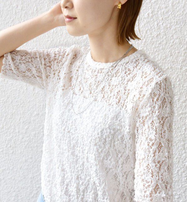 SHIPS for women「〈手洗い可能〉ラッセル レース クルーネック 5分袖 カットソー」|Tシャツ・カットソー|
