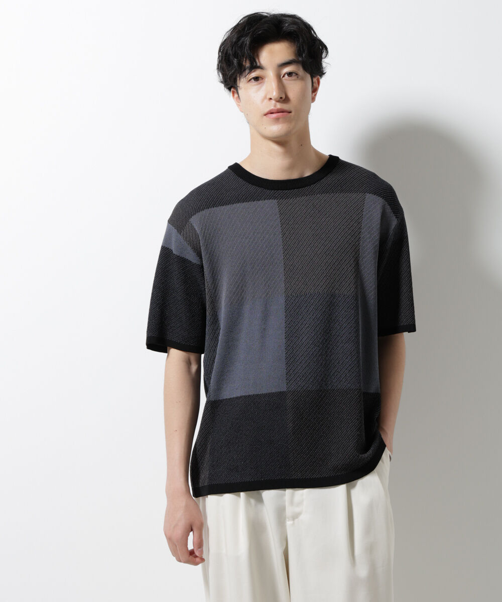 nano･universe「ブロックチェックニットTシャツ 半袖」|ニット・セーター|