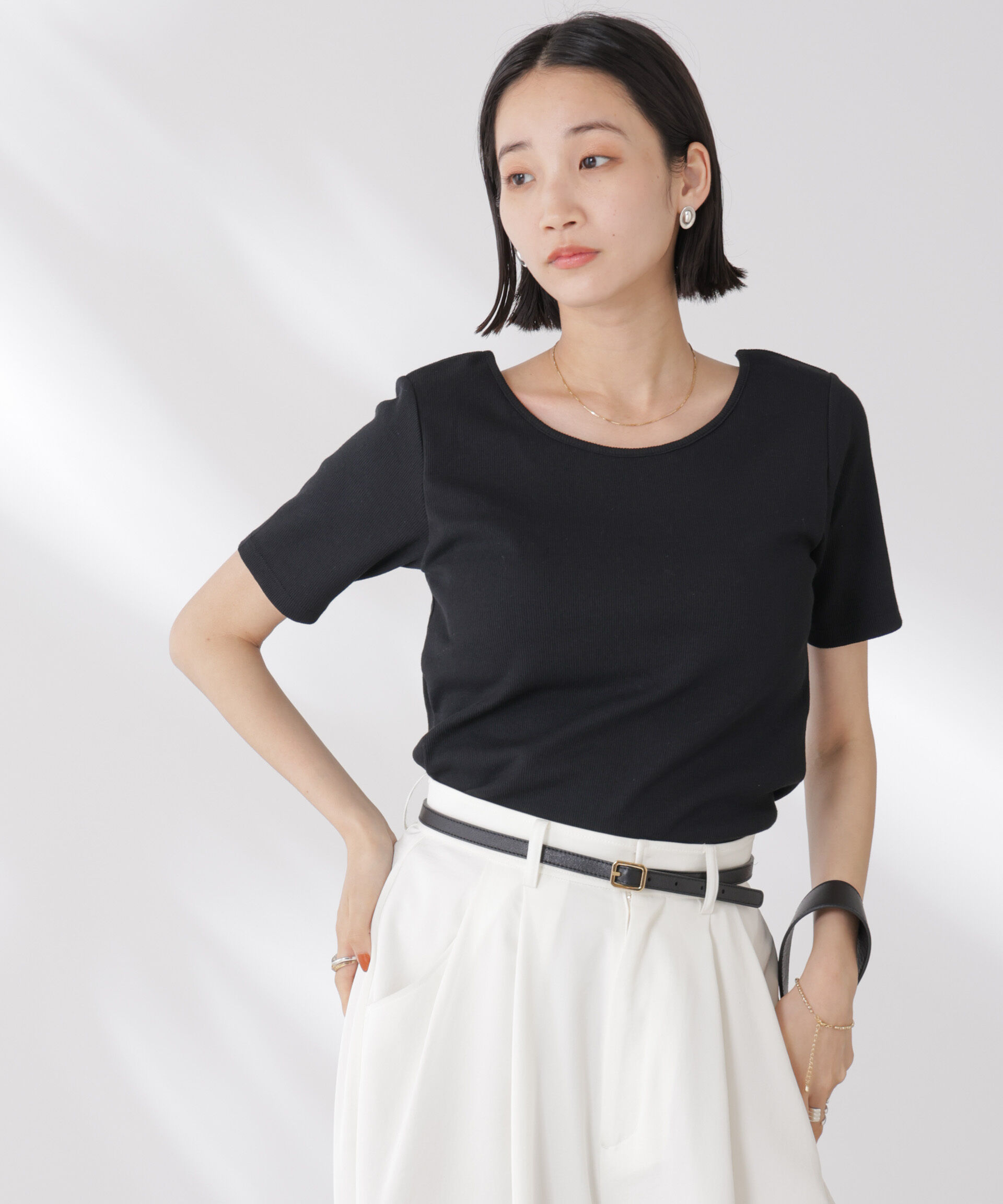 nano･universe「抗菌防臭・接触冷感機能 カップ付きクルーネックトップス」|Tシャツ・カットソー|ブラック