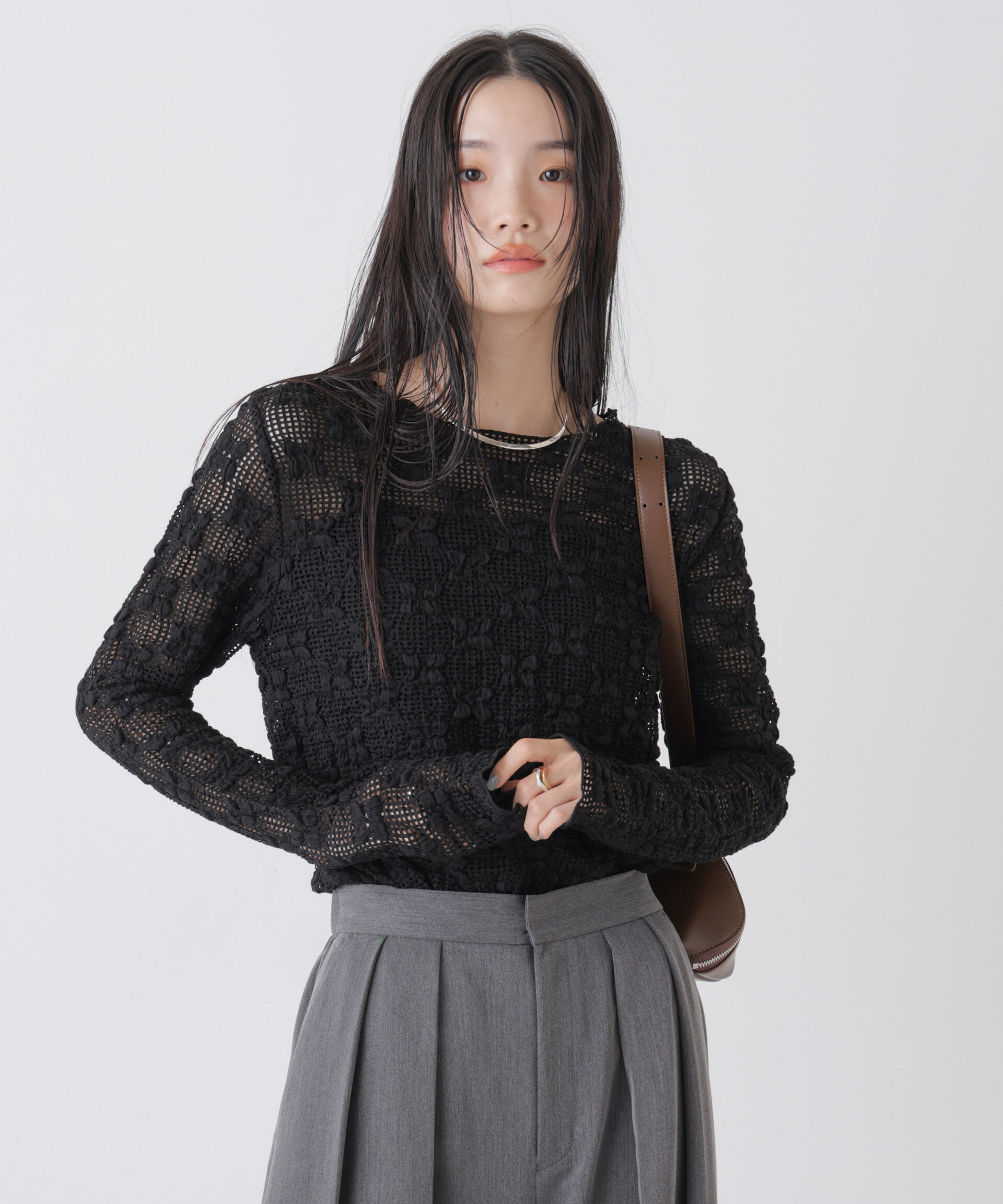 nano･universe「ポコポコレースカットトップス」|Tシャツ・カットソー|ブラック