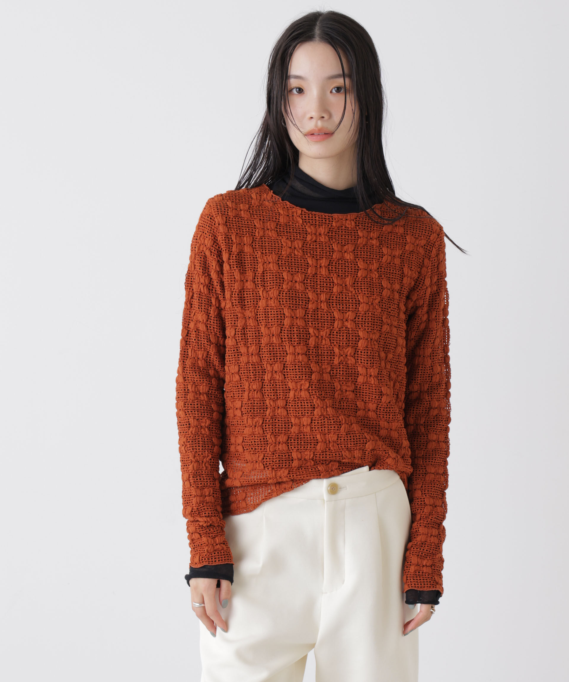 nano･universe「ポコポコレースカットトップス」|Tシャツ・カットソー|ブラウン