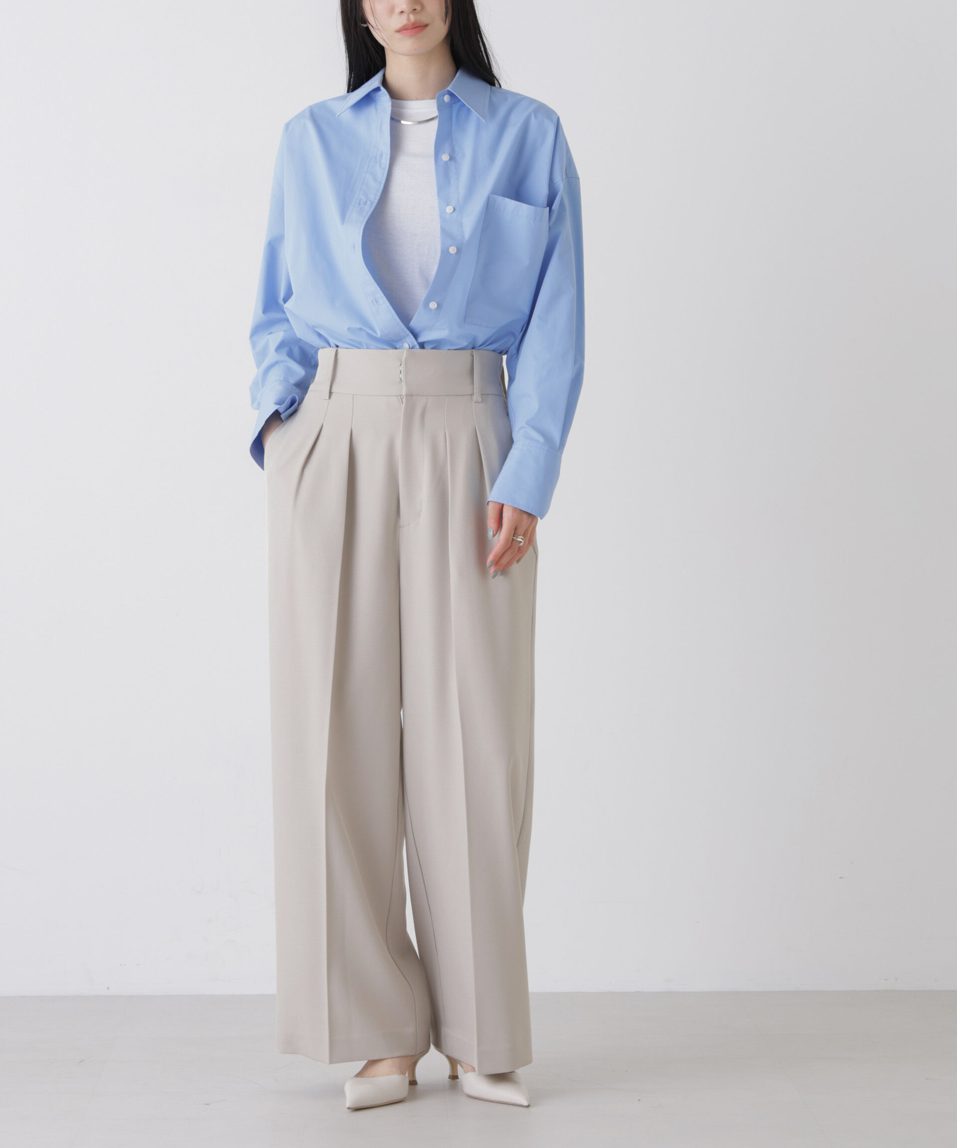 nano･universe「ハイウエストツータックワイドパンツ」|チノ|ライトベージ 1