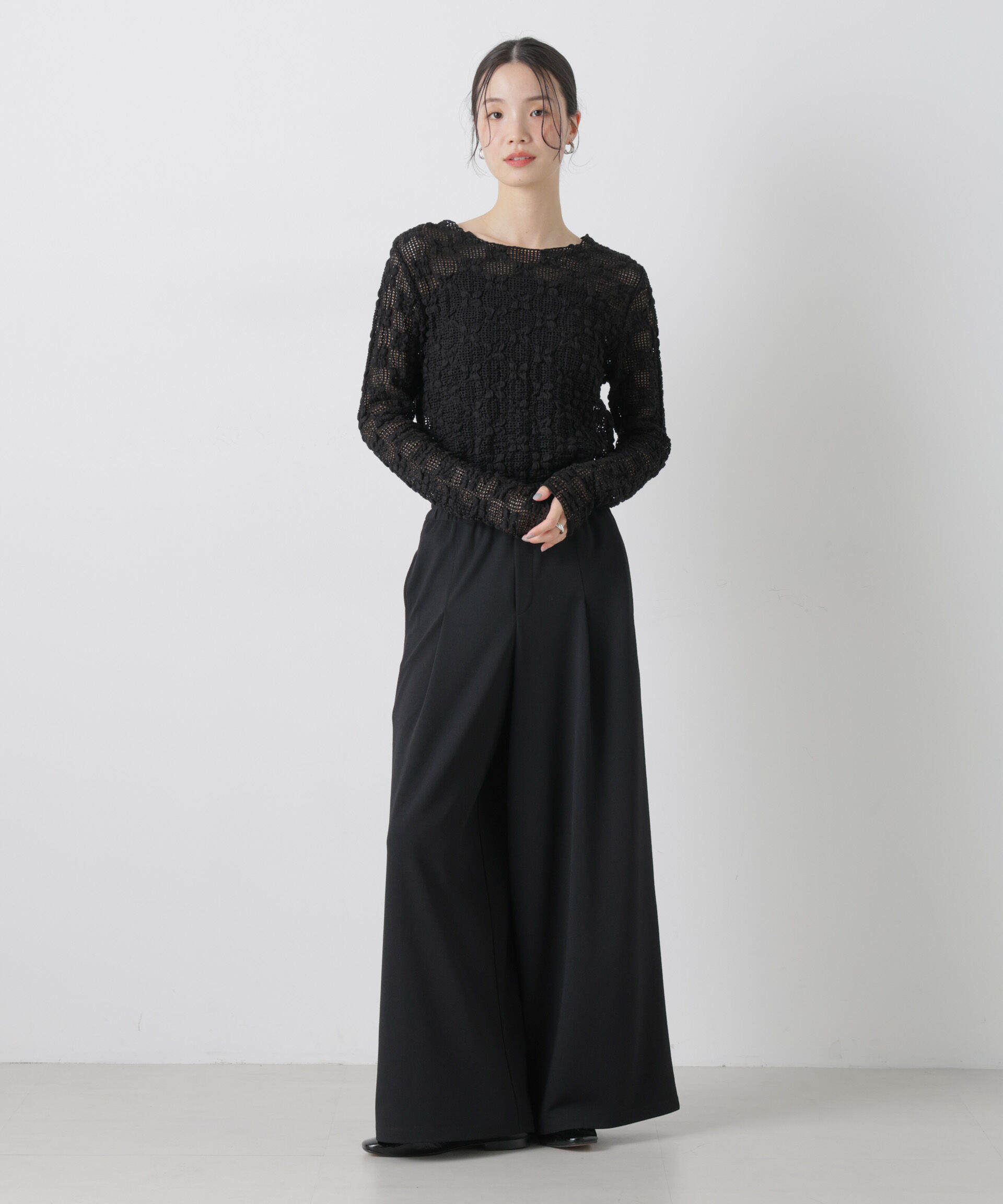 nano･universe「タックワイドカットジョーゼットパンツ」|チノ|