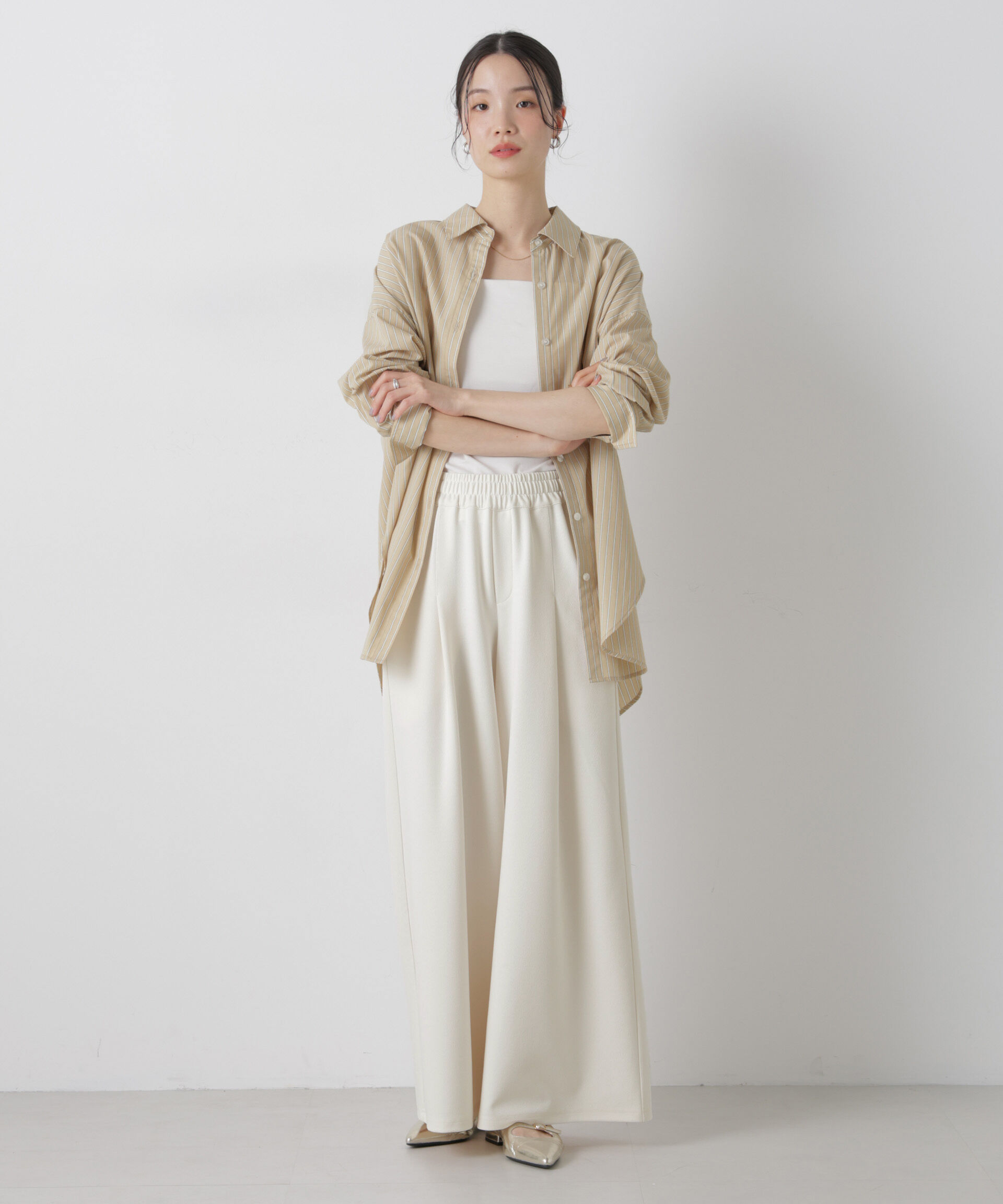 nano･universe「タックワイドカットジョーゼットパンツ」|チノ|