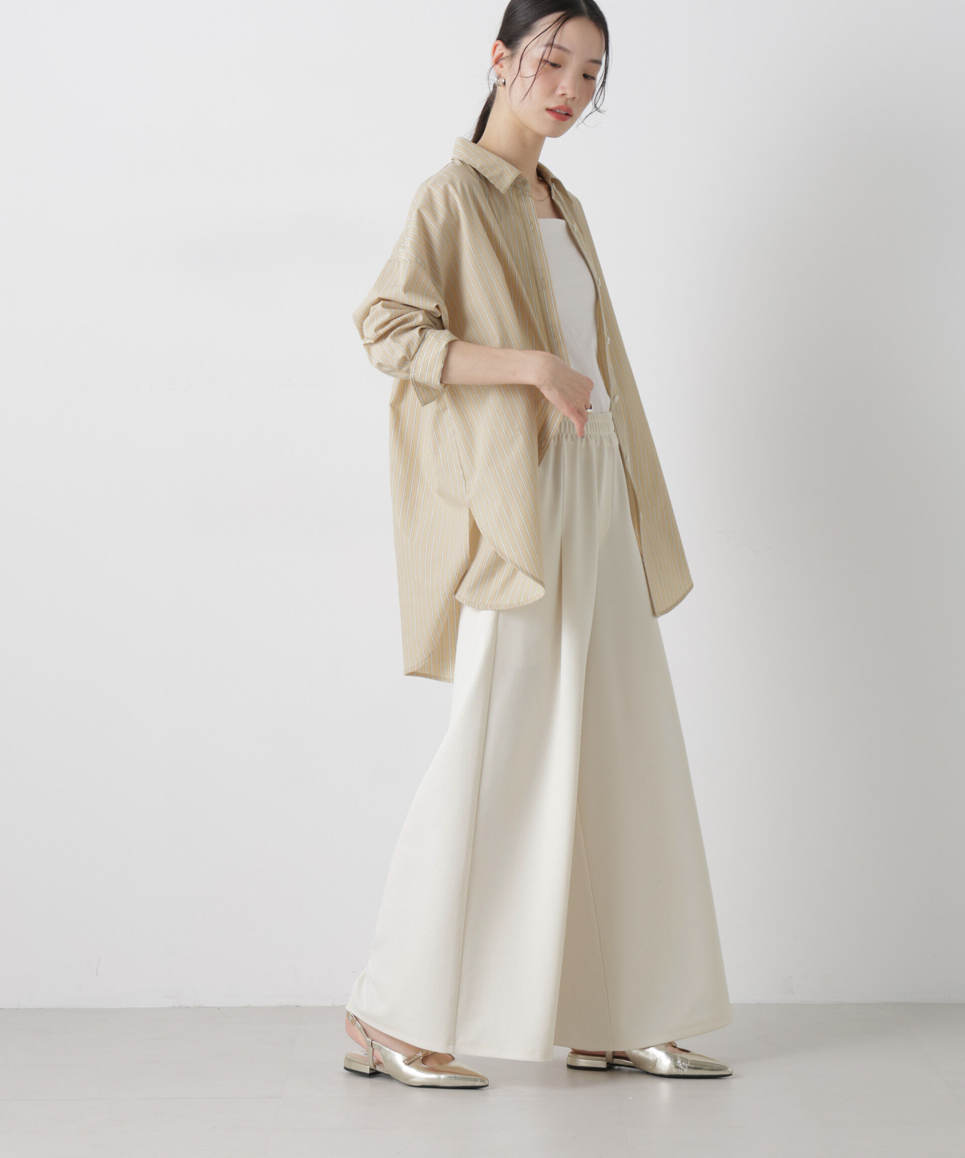 nano･universe「タックワイドカットジョーゼットパンツ」|チノ|