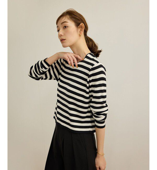 ROPE「【洗える】ウォッシャブルシルク 総針ボーダープルオーバー」|Tシャツ・カットソー|ブラック系(02)