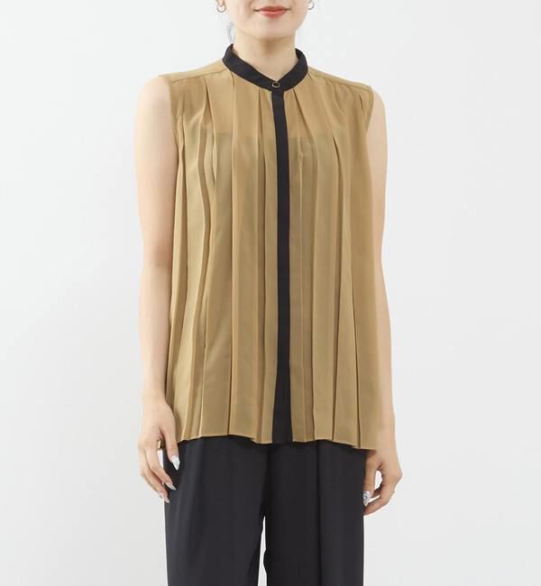 TIARA「バイカラープリーツトップス」|シャツ・ブラウス|キャメル