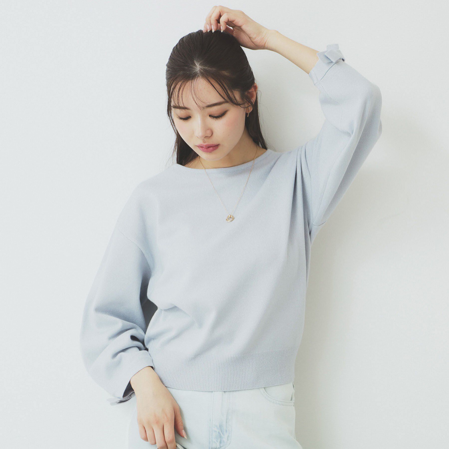 index「ラメリボンスリーブ二ット【洗濯機洗い可/抗ピル】」|ニット・セーター|サックスブルー(69