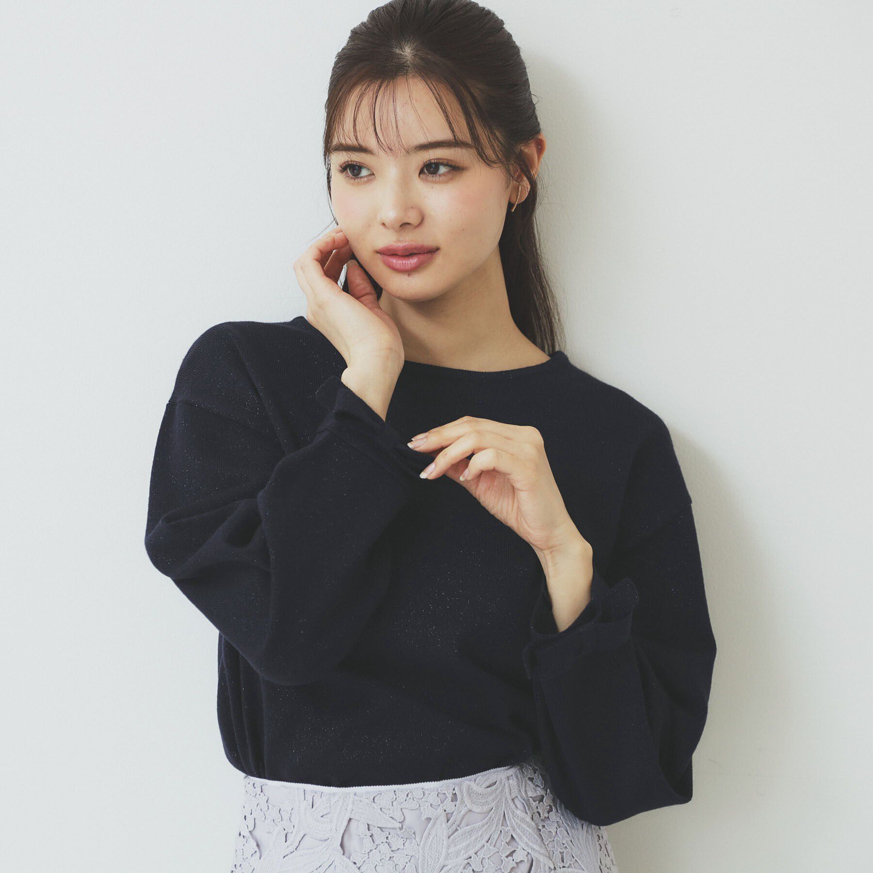 index「ラメリボンスリーブ二ット【洗濯機洗い可/抗ピル】」|ニット・セーター|ネイビー(694)