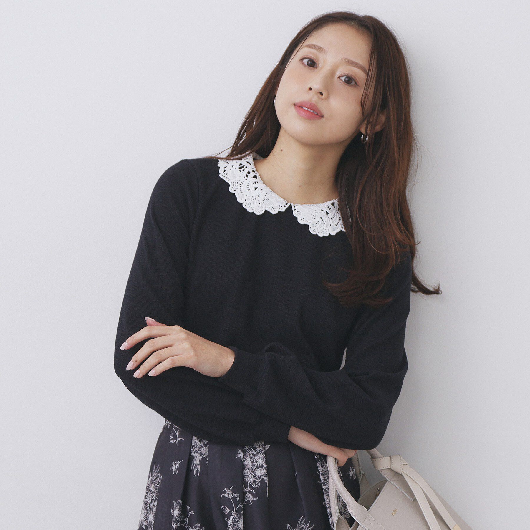 index「レース衿付きピケジャージトップス【洗濯機OK】」|Tシャツ・カットソー|ネイビー(094)