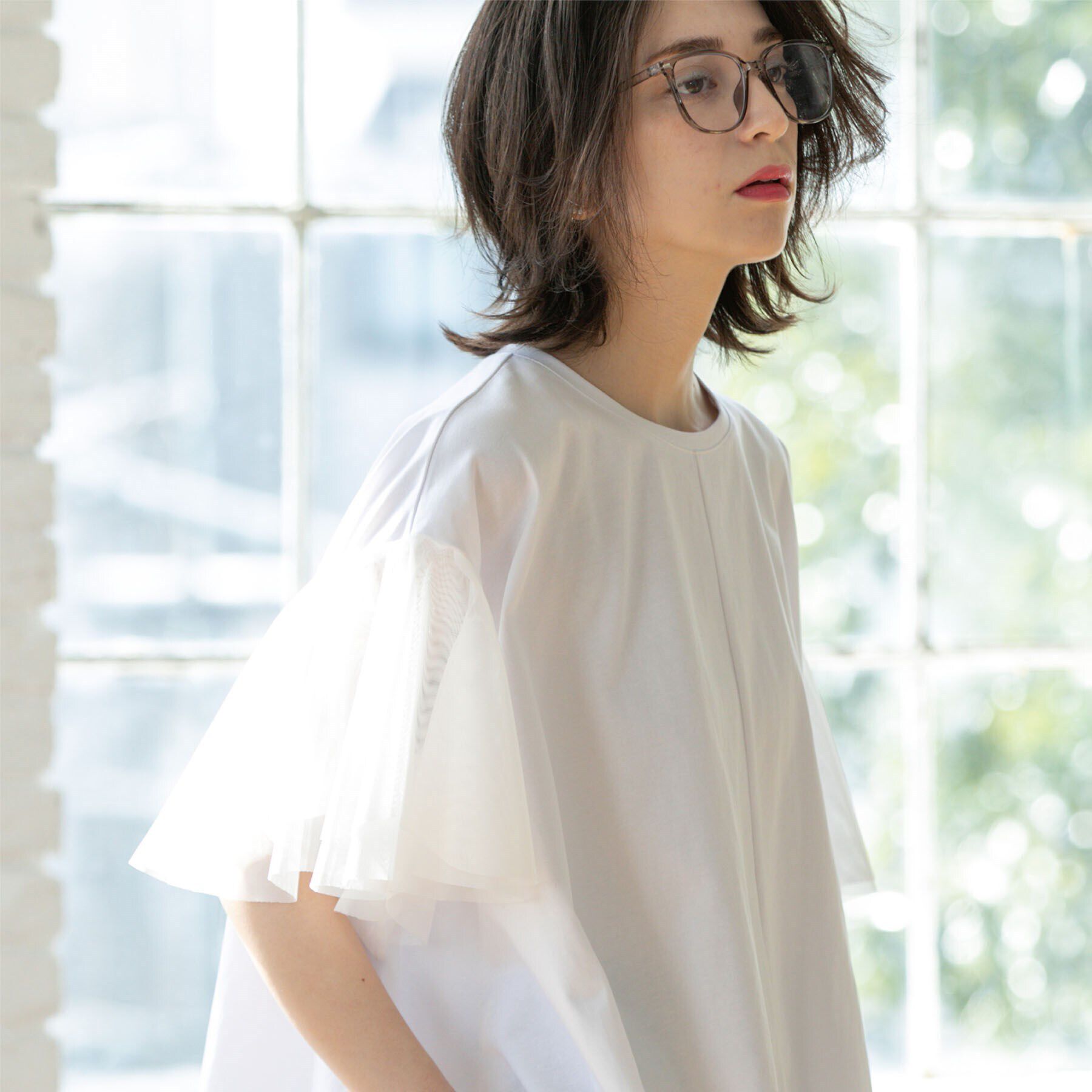 OPAQUE.CLIP「袖チュール重ねフレアトップス」|Tシャツ・カットソー|ホワイト(001)