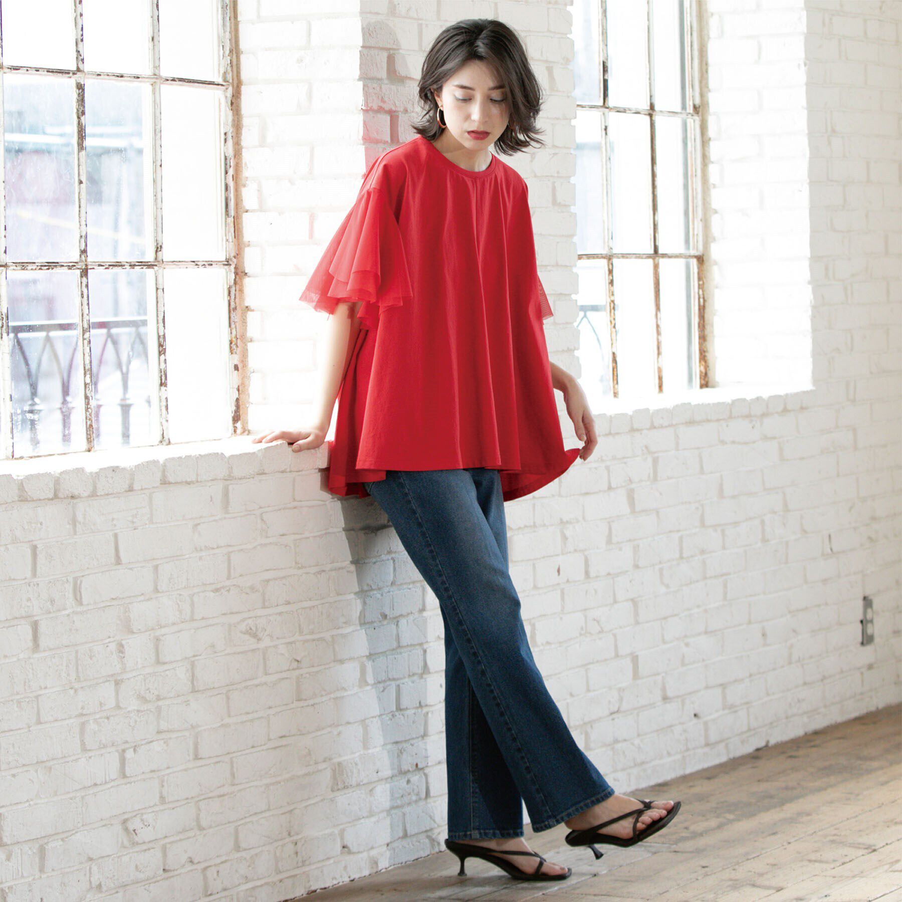 OPAQUE.CLIP「袖チュール重ねフレアトップス」|Tシャツ・カットソー|