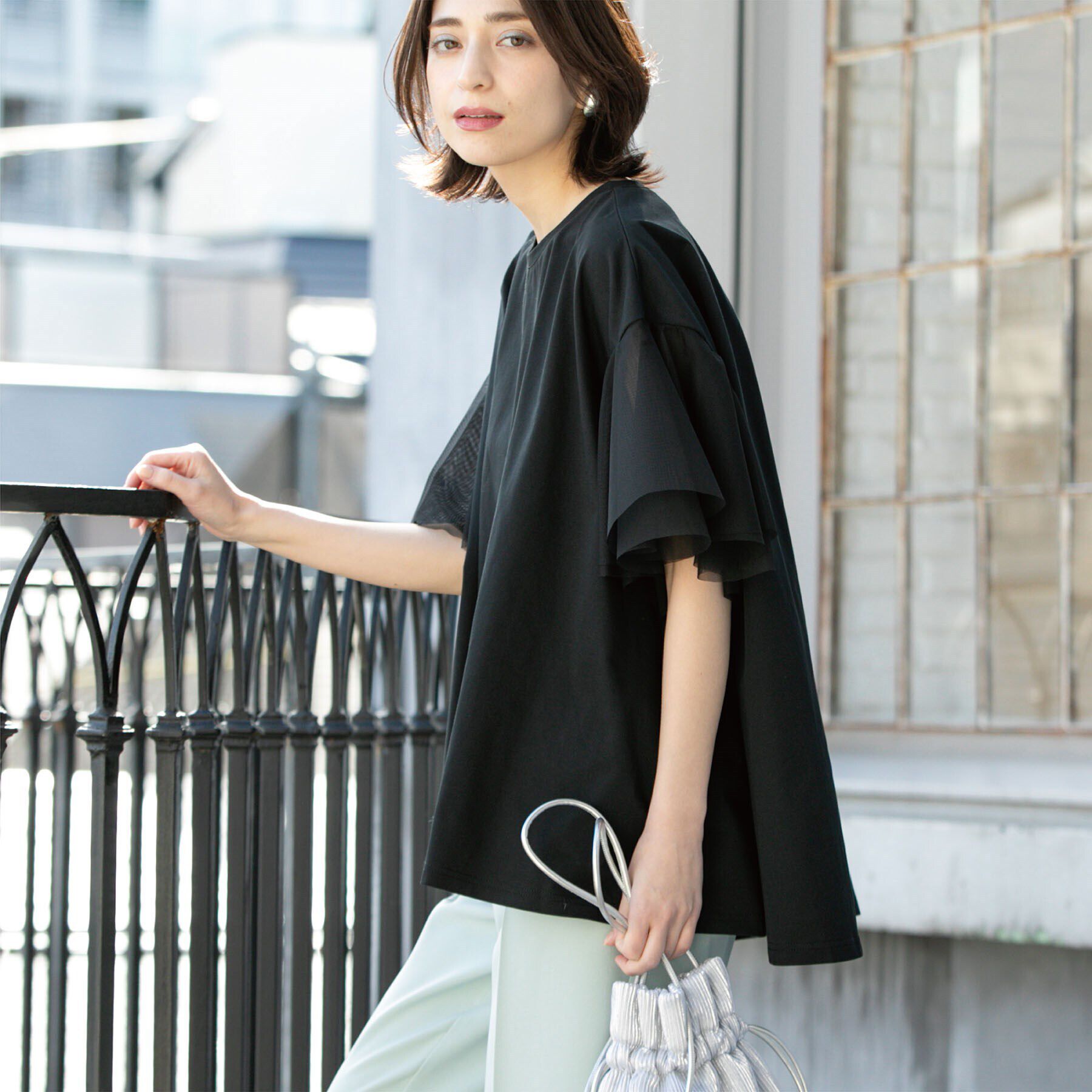 OPAQUE.CLIP「袖チュール重ねフレアトップス」|Tシャツ・カットソー|