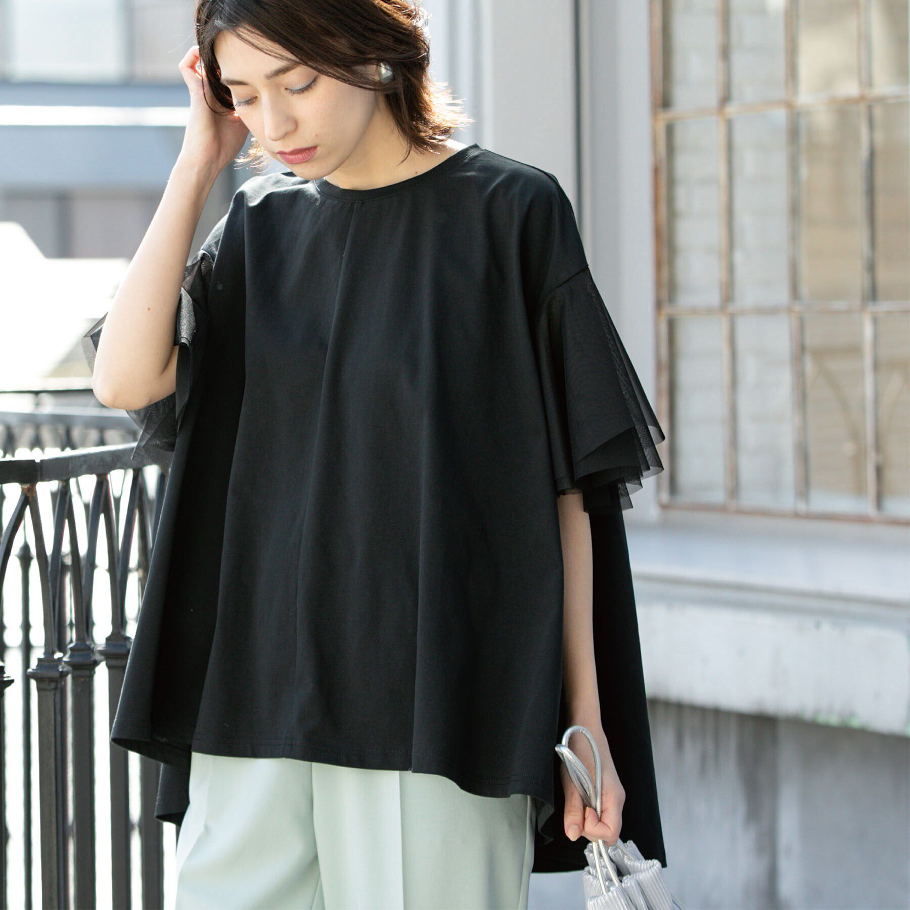 OPAQUE.CLIP「袖チュール重ねフレアトップス」|Tシャツ・カットソー|