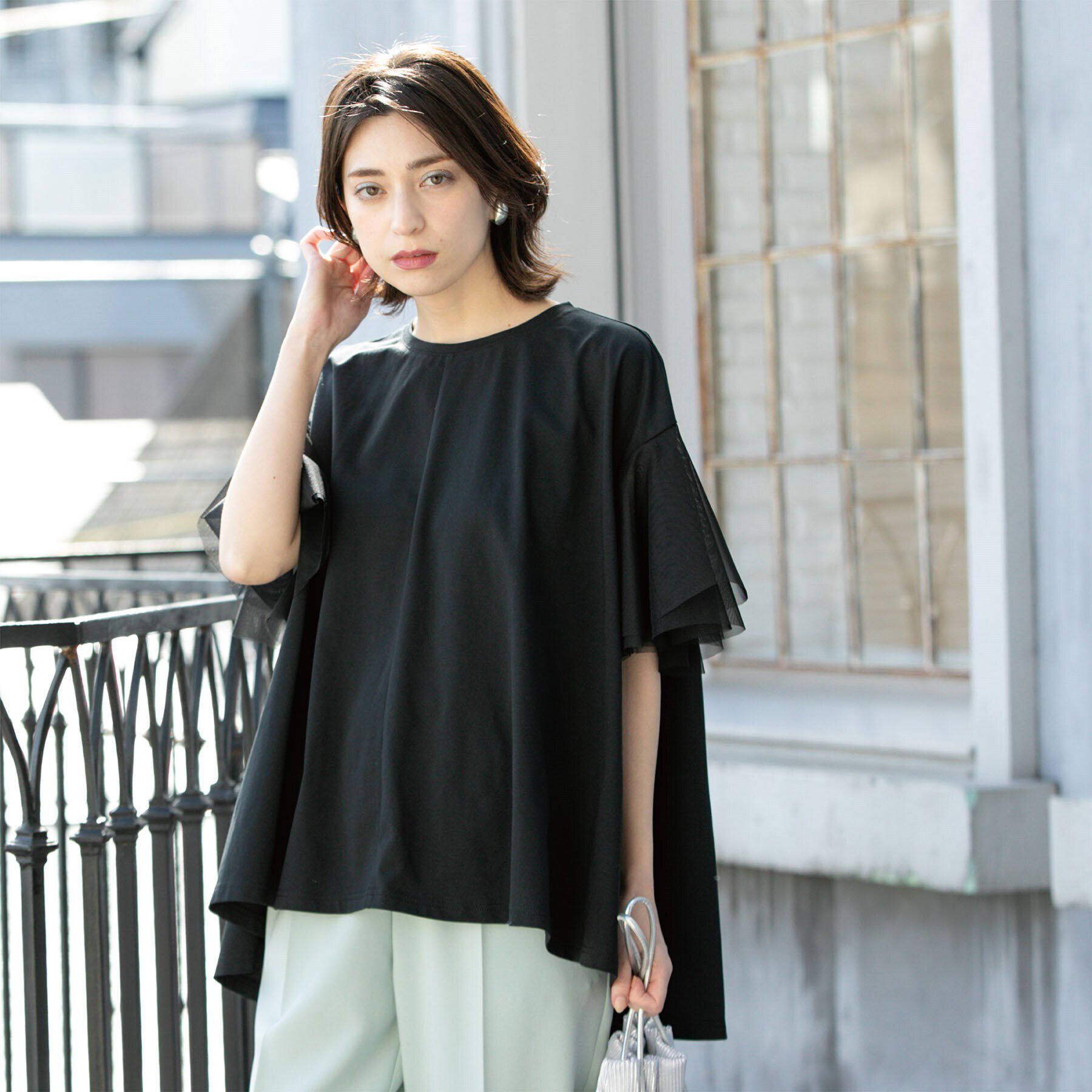 OPAQUE.CLIP「袖チュール重ねフレアトップス」|Tシャツ・カットソー|