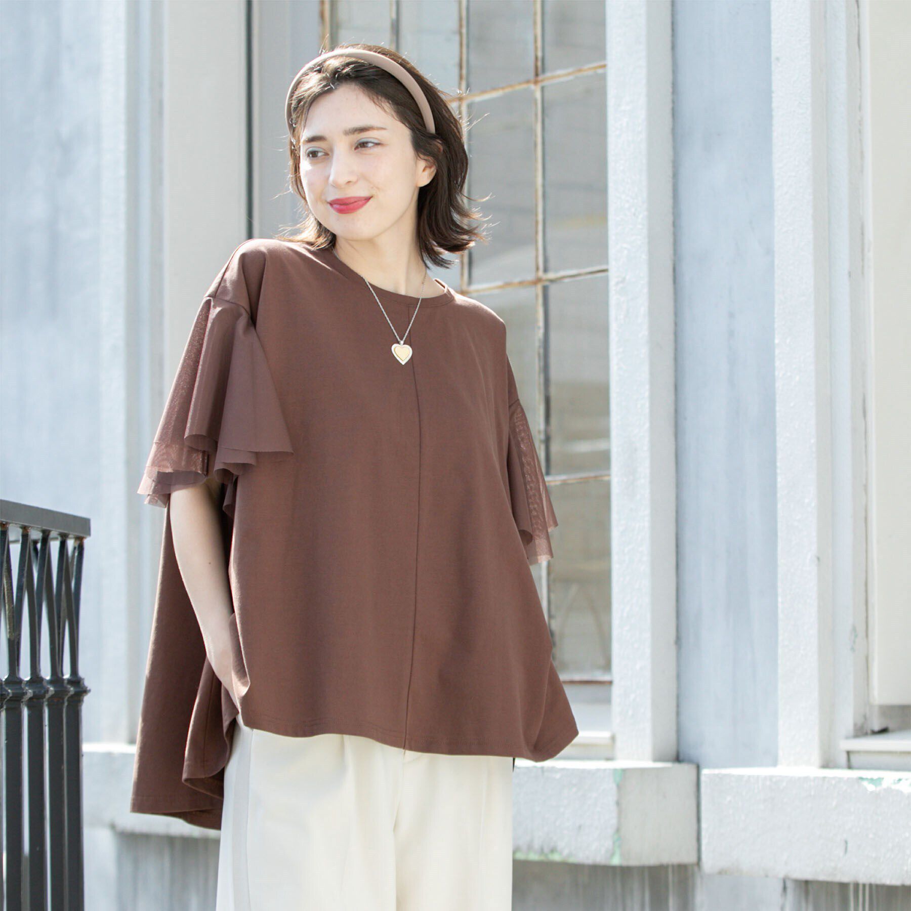 OPAQUE.CLIP「袖チュール重ねフレアトップス」|Tシャツ・カットソー|