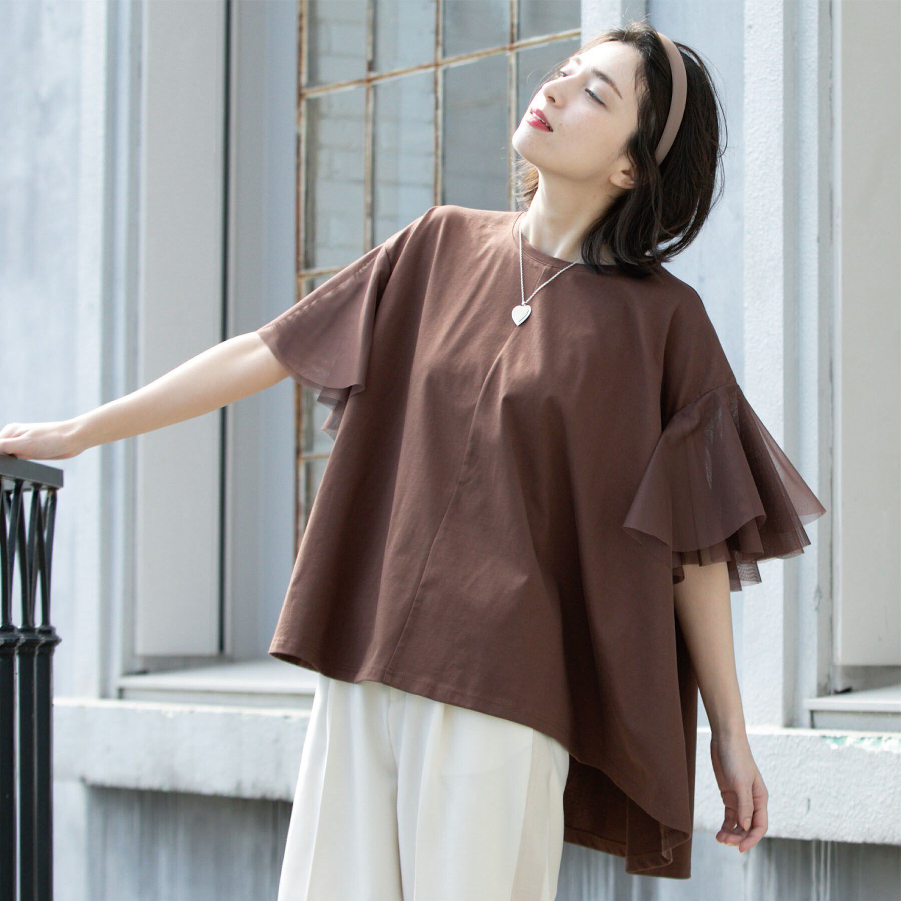 OPAQUE.CLIP「袖チュール重ねフレアトップス」|Tシャツ・カットソー|