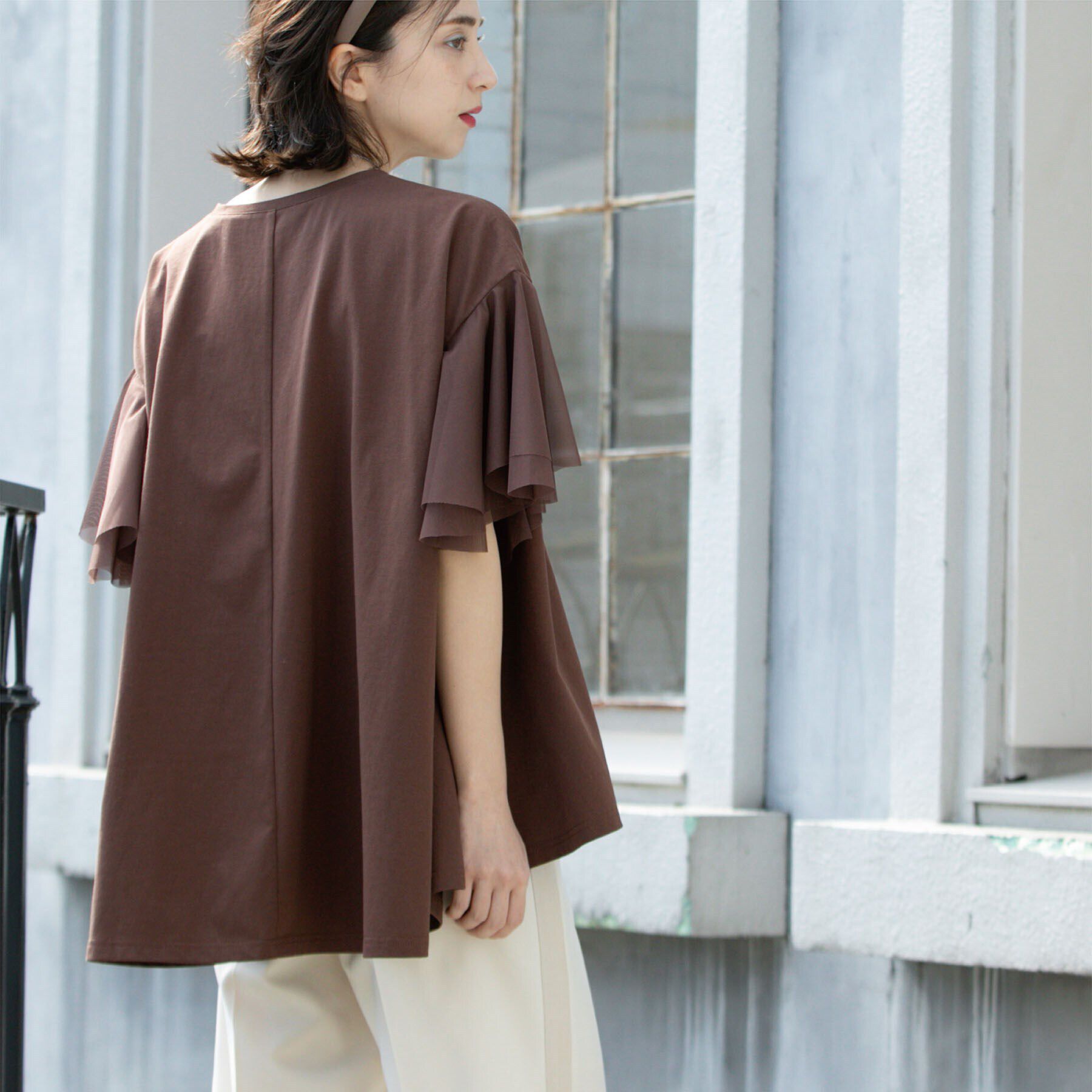 OPAQUE.CLIP「袖チュール重ねフレアトップス」|Tシャツ・カットソー|