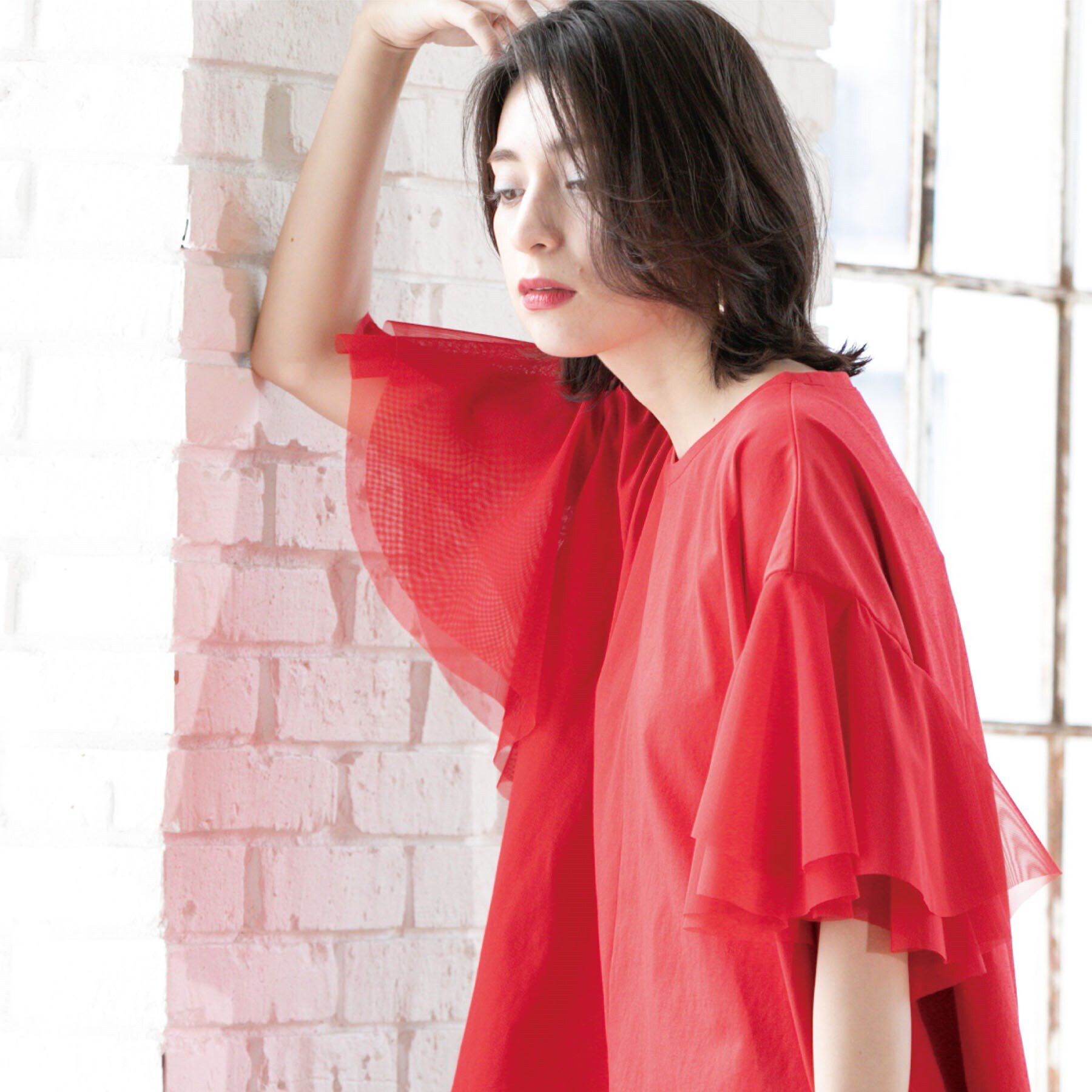 OPAQUE.CLIP「袖チュール重ねフレアトップス」|Tシャツ・カットソー|