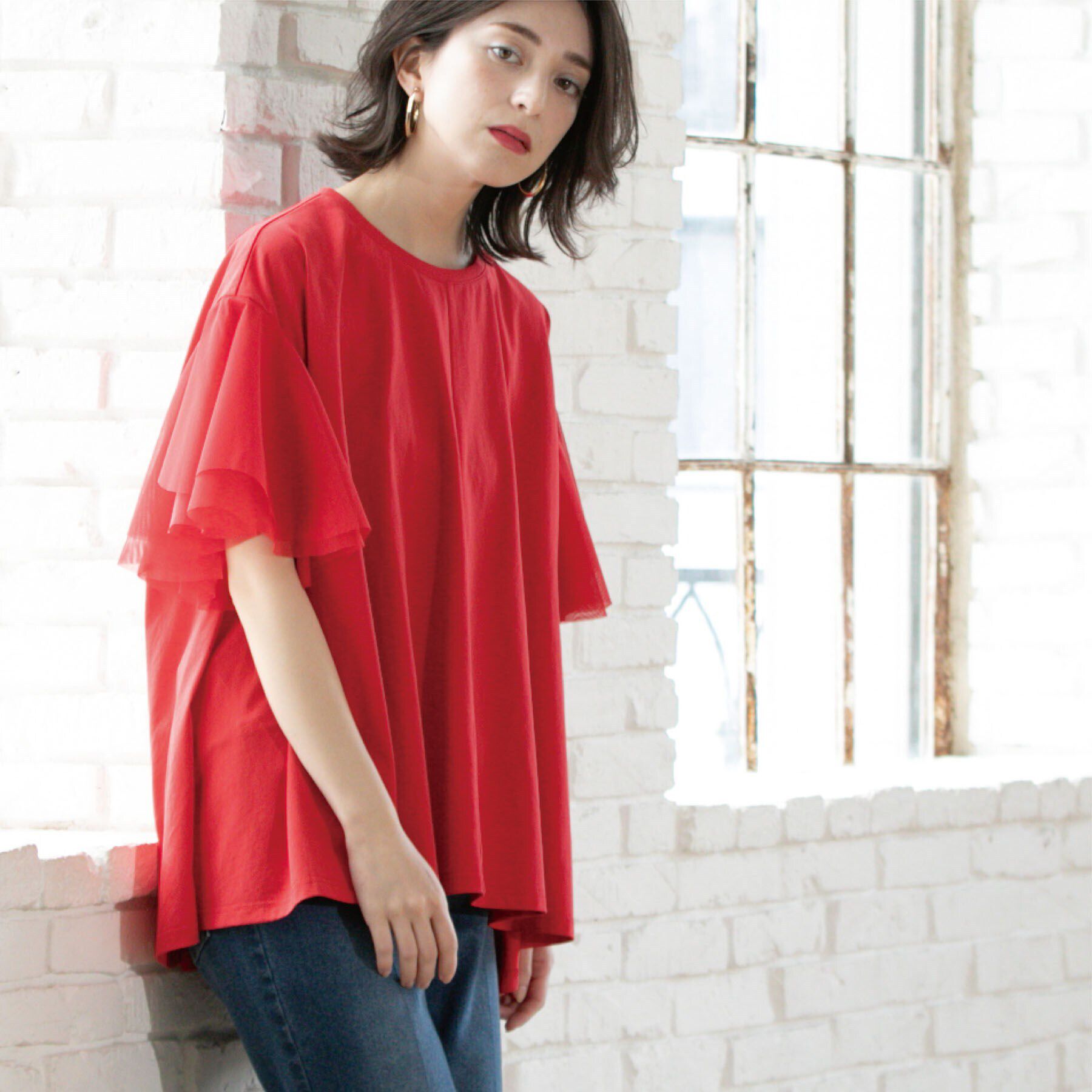 OPAQUE.CLIP「袖チュール重ねフレアトップス」|Tシャツ・カットソー|