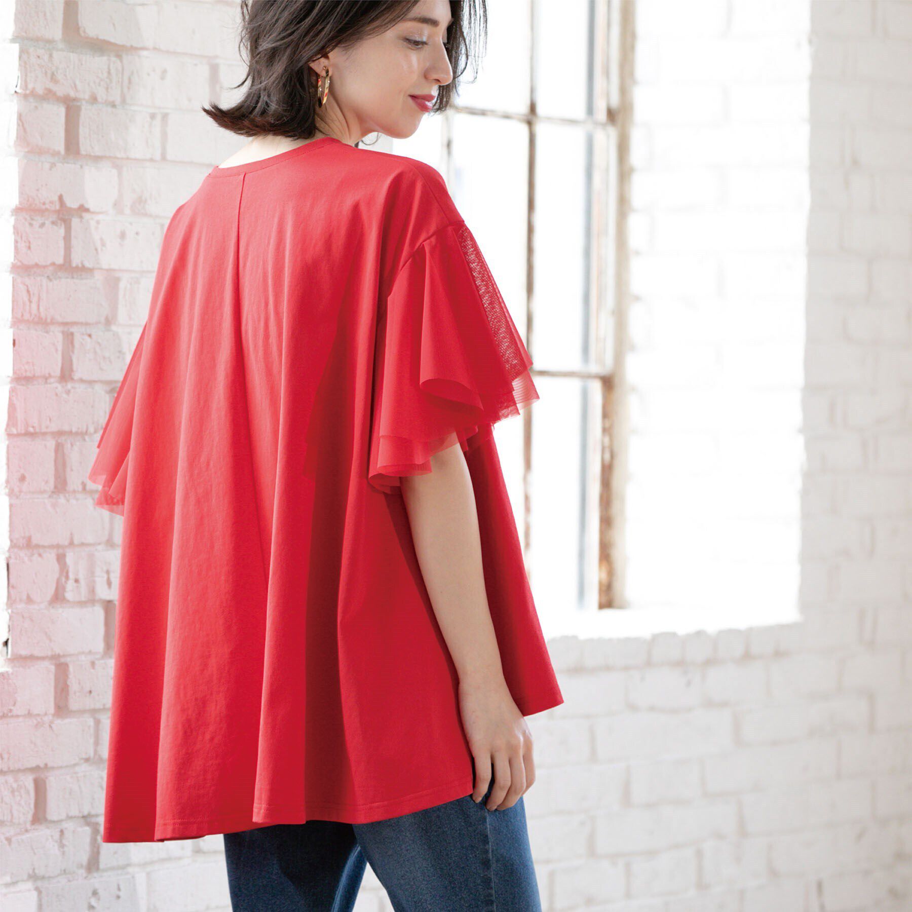 OPAQUE.CLIP「袖チュール重ねフレアトップス」|Tシャツ・カットソー|