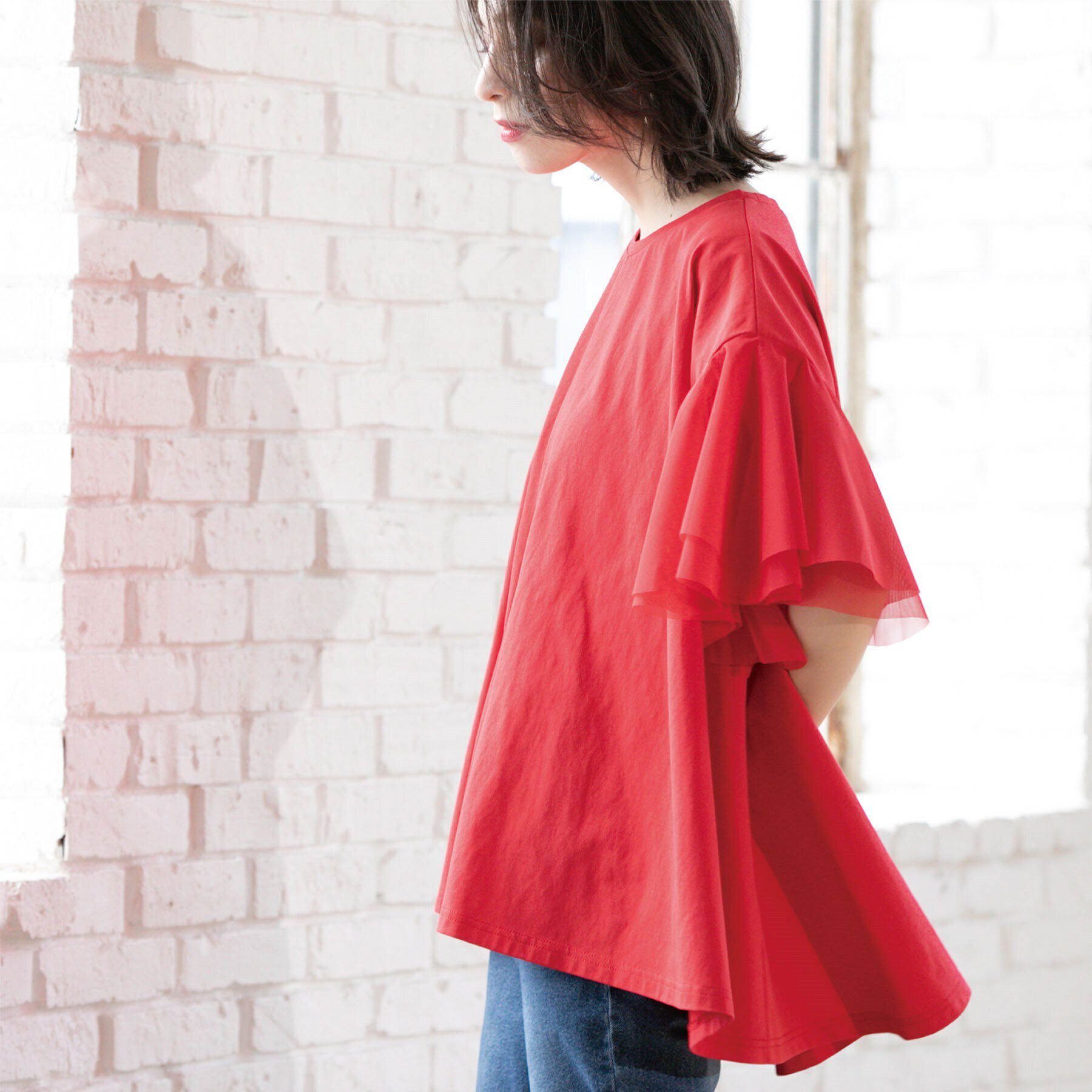 OPAQUE.CLIP「袖チュール重ねフレアトップス」|Tシャツ・カットソー|