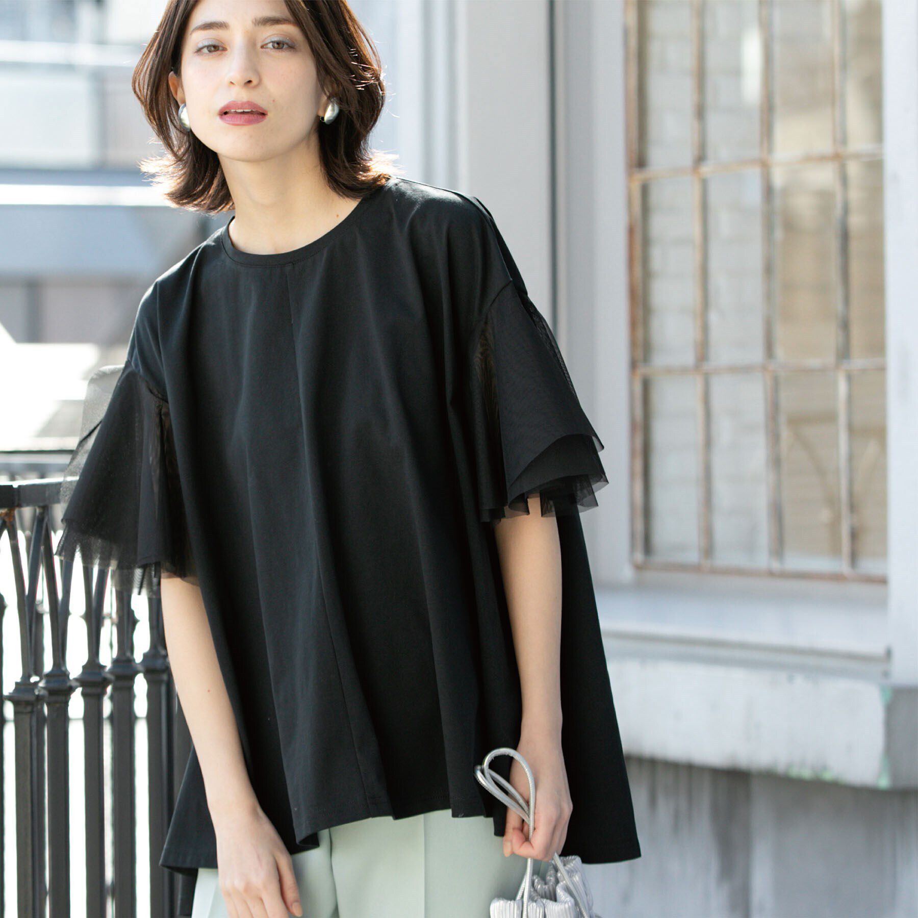OPAQUE.CLIP「袖チュール重ねフレアトップス」|Tシャツ・カットソー|ブラック(019)