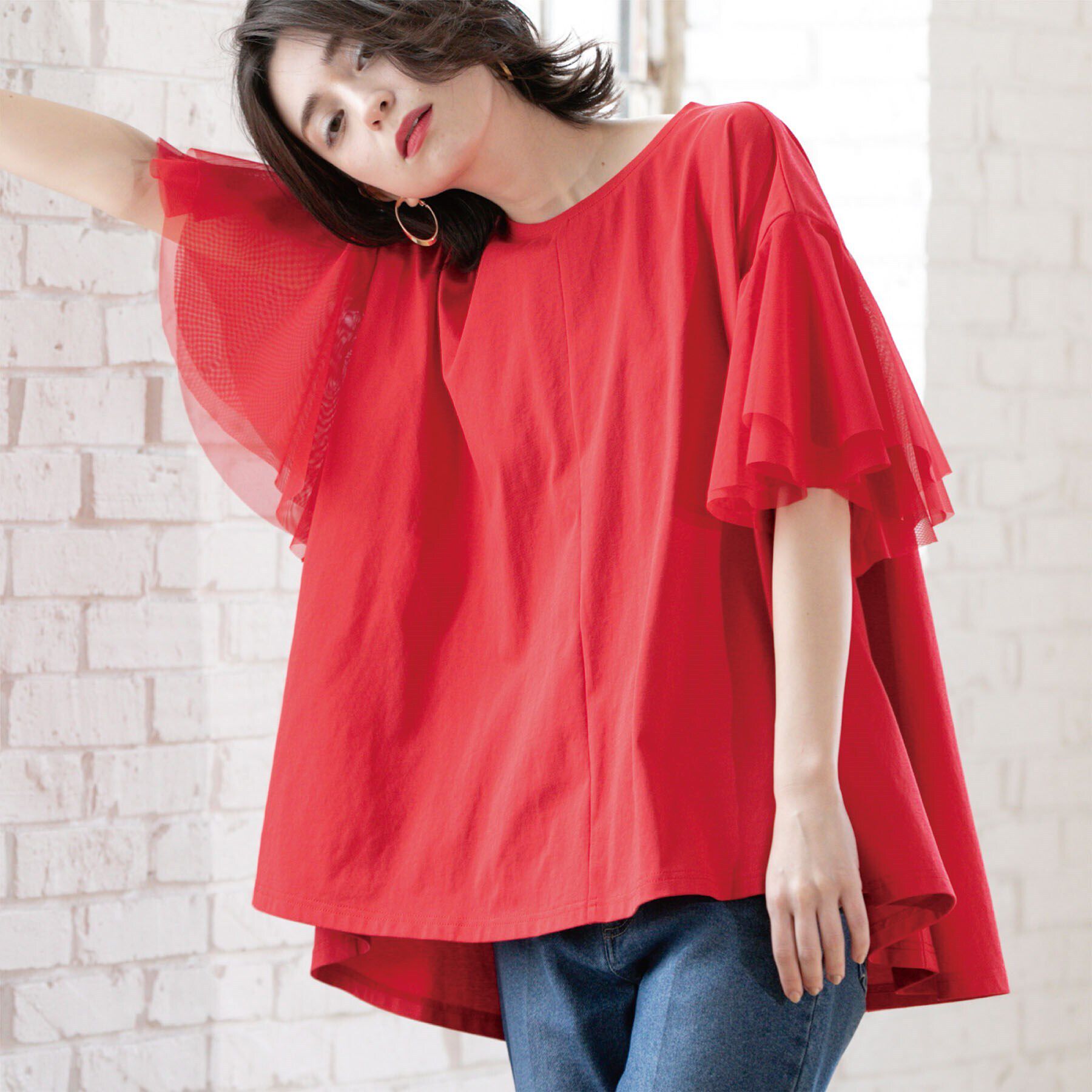 OPAQUE.CLIP「袖チュール重ねフレアトップス」|Tシャツ・カットソー|レッド(062)