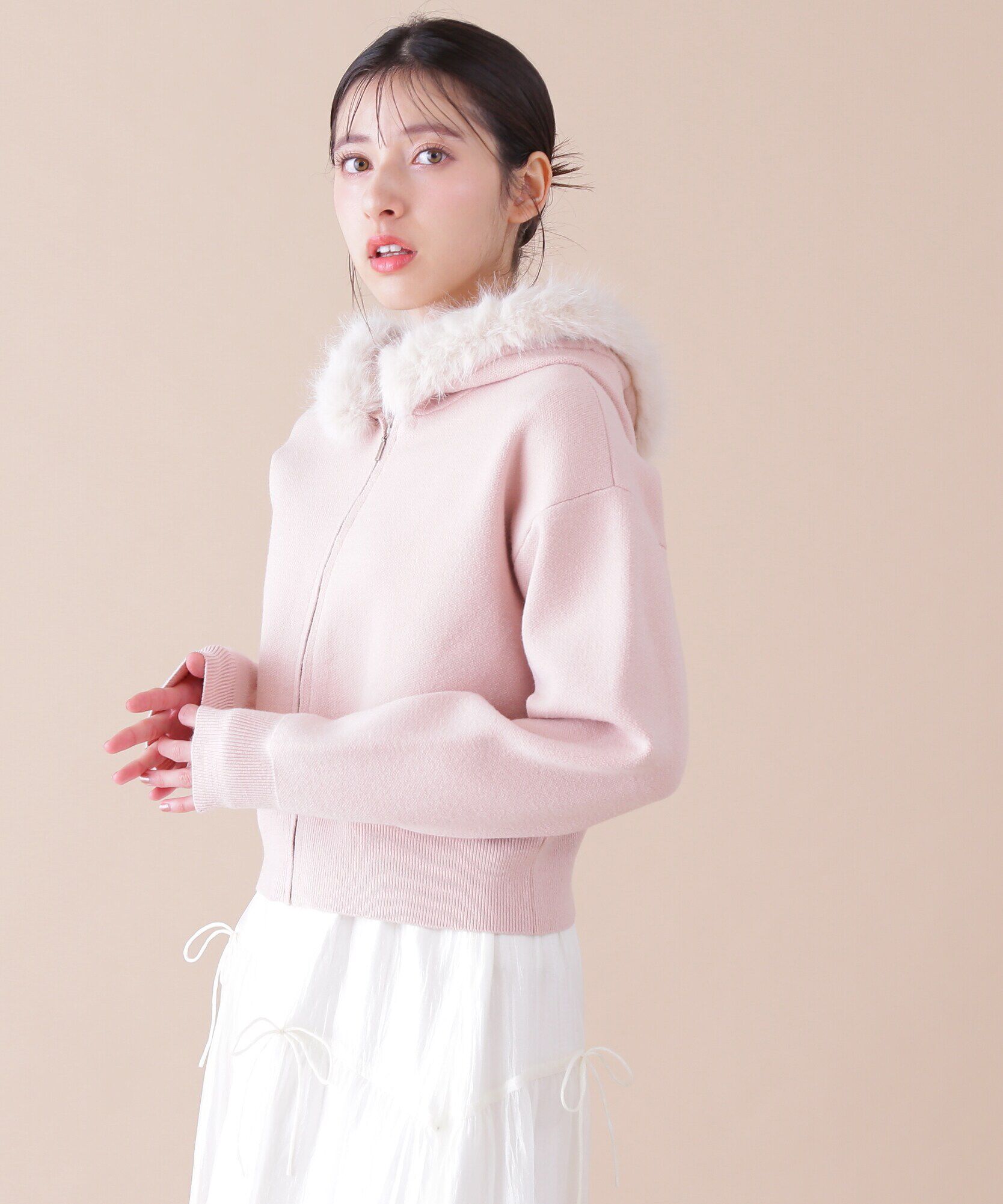 「ボリュームフェイクファーニットパーカー」|ニット・セーター|