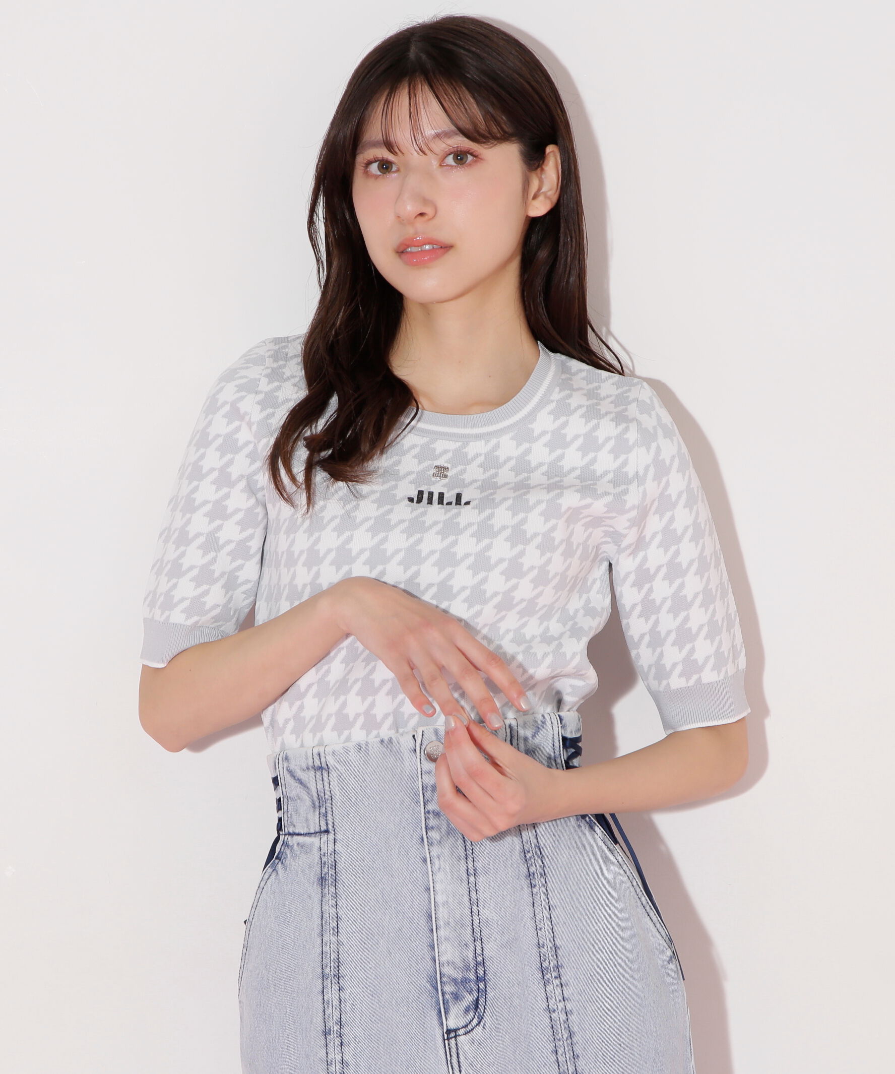  「半袖ジャガードニット」|ニット・セーター|グレー