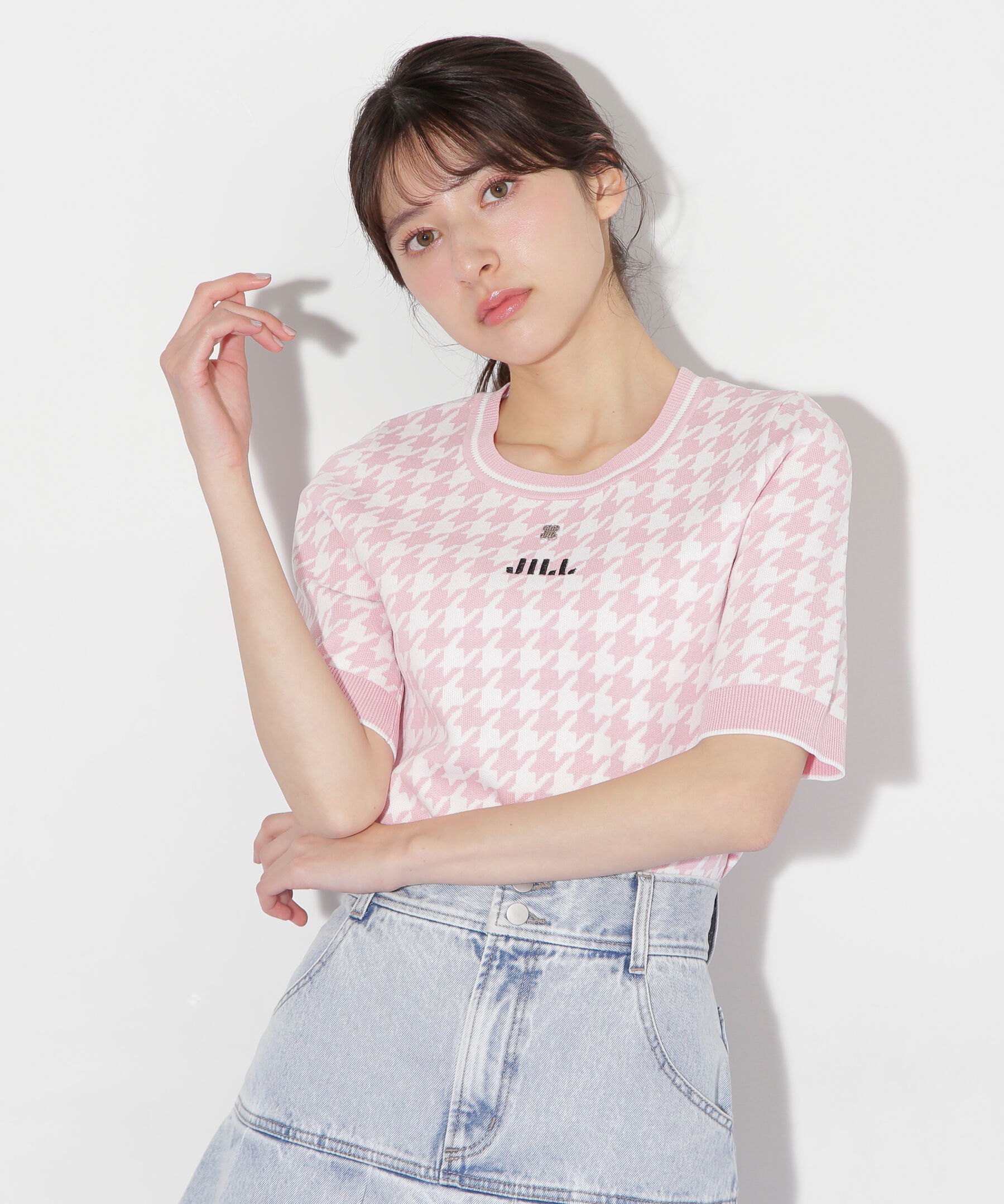  「半袖ジャガードニット」|ニット・セーター|ピンク