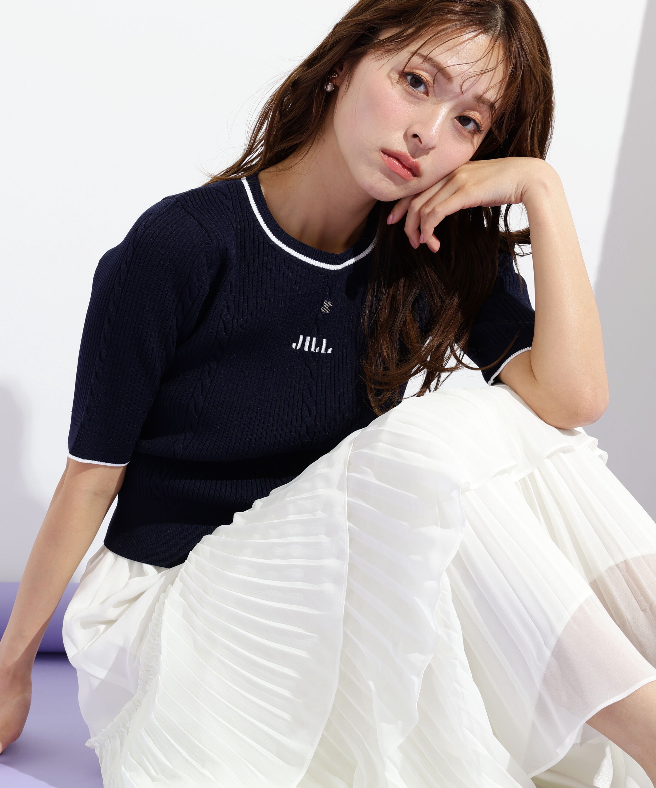  「半袖ジャガードニット」|ニット・セーター|ネイビー