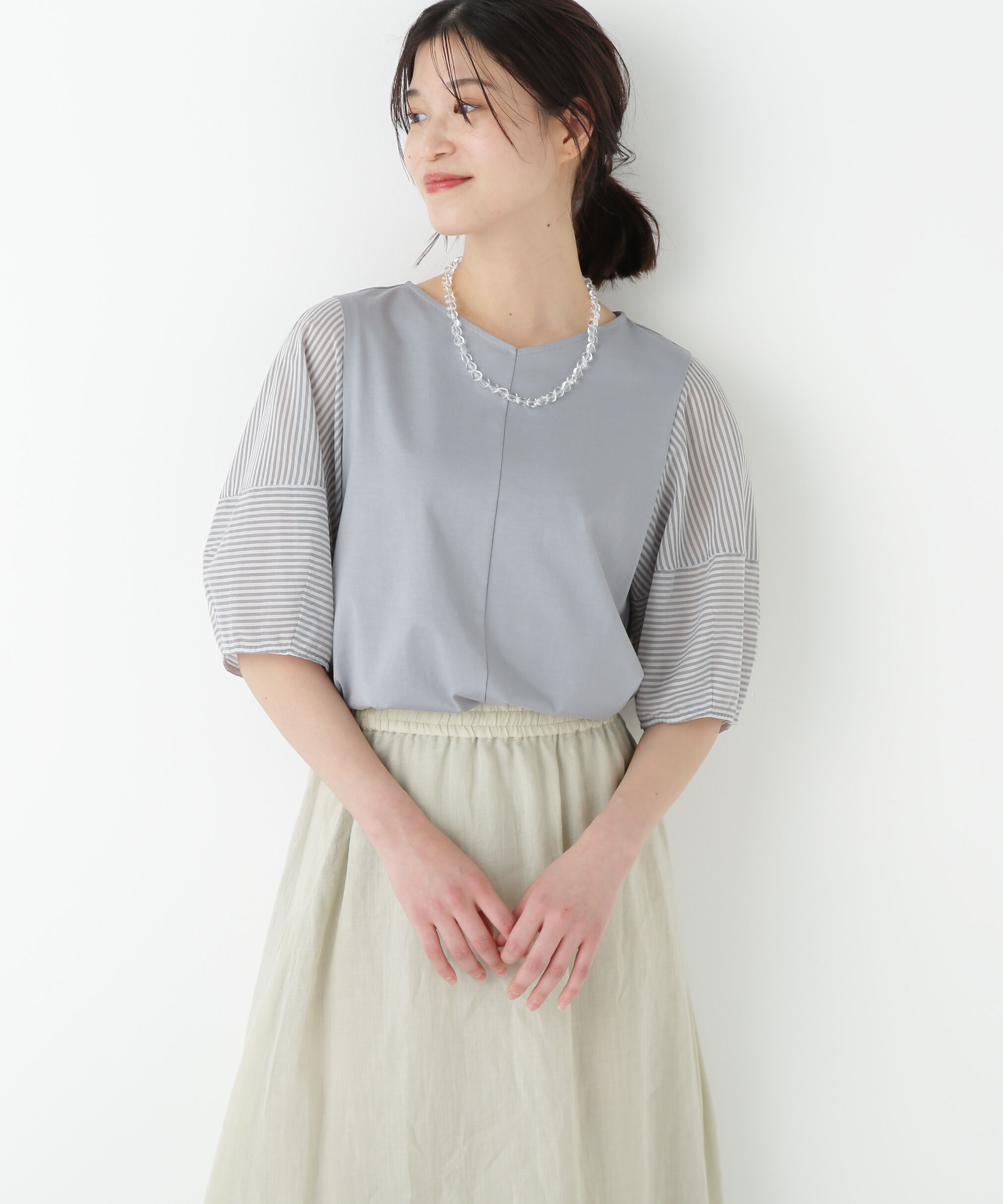  「◆シアーストライプドッキングＶネックカットソープルオーバー」|Tシャツ・カットソー|グレー