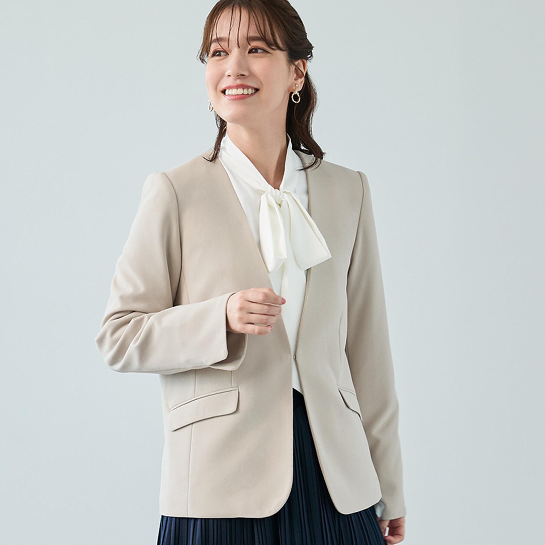 SHOO･LA･RUE「【洗濯機可/S-3L/イージーケア】きちんと楽に。カットジョーゼットノーカラージャケット」|ノーカラージャケット|