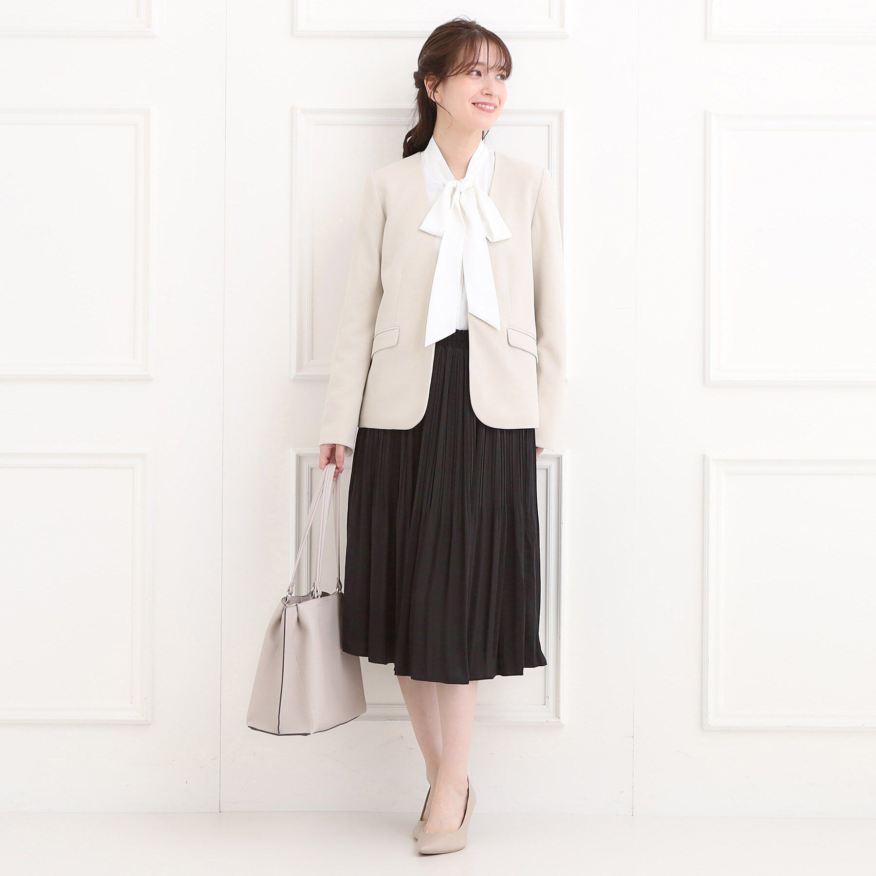 SHOO･LA･RUE「【洗濯機可/S-3L/イージーケア】きちんと楽に。カットジョーゼットノーカラージャケット」|ノーカラージャケット|