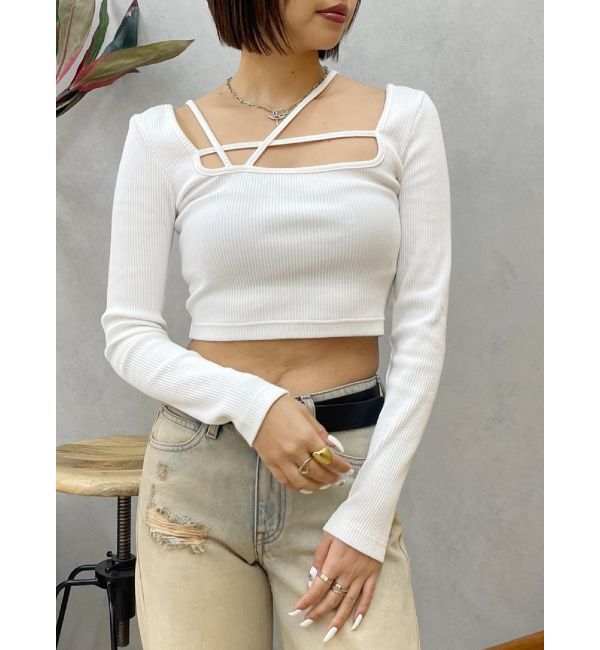 EVRIS「ストラップデザインスクエアリブトップス」|Tシャツ・カットソー|ホワイト