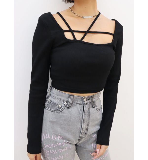 EVRIS「ストラップデザインスクエアリブトップス」|Tシャツ・カットソー|