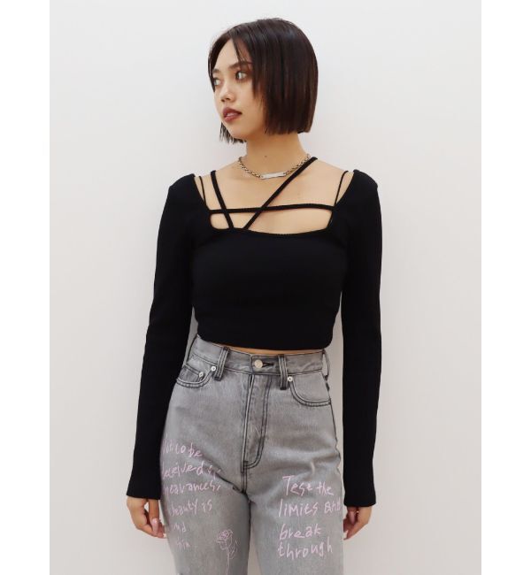 EVRIS「ストラップデザインスクエアリブトップス」|Tシャツ・カットソー|