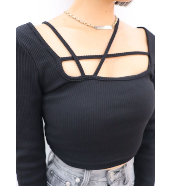 EVRIS「ストラップデザインスクエアリブトップス」|Tシャツ・カットソー|