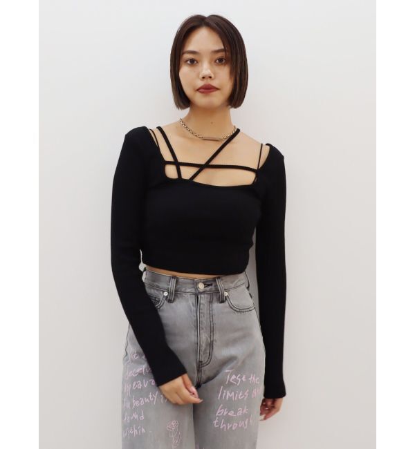 EVRIS「ストラップデザインスクエアリブトップス」|Tシャツ・カットソー|ブラック