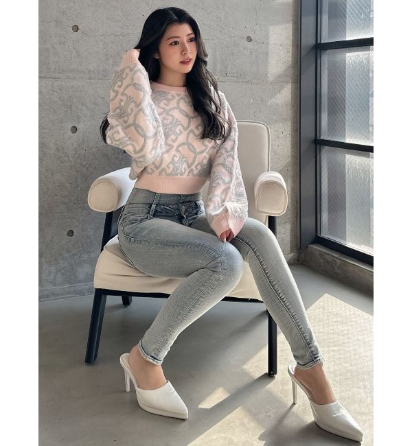 GYDA「ハイウエストウエストクロススキニーデニムパンツ」|デニム|